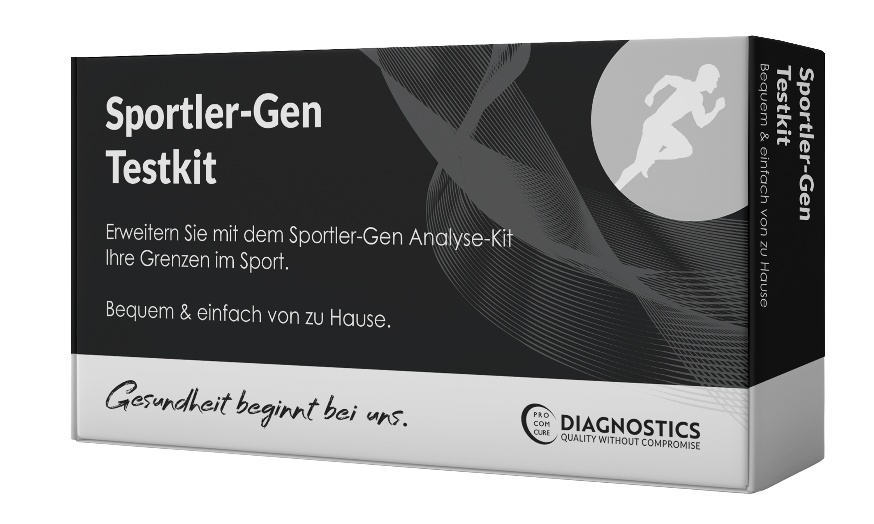 Schachtel des Sportler-Gen Testkits mit dem Slogan „Gesundheit beginnt bei uns“ und Informationen zur Anwendung.