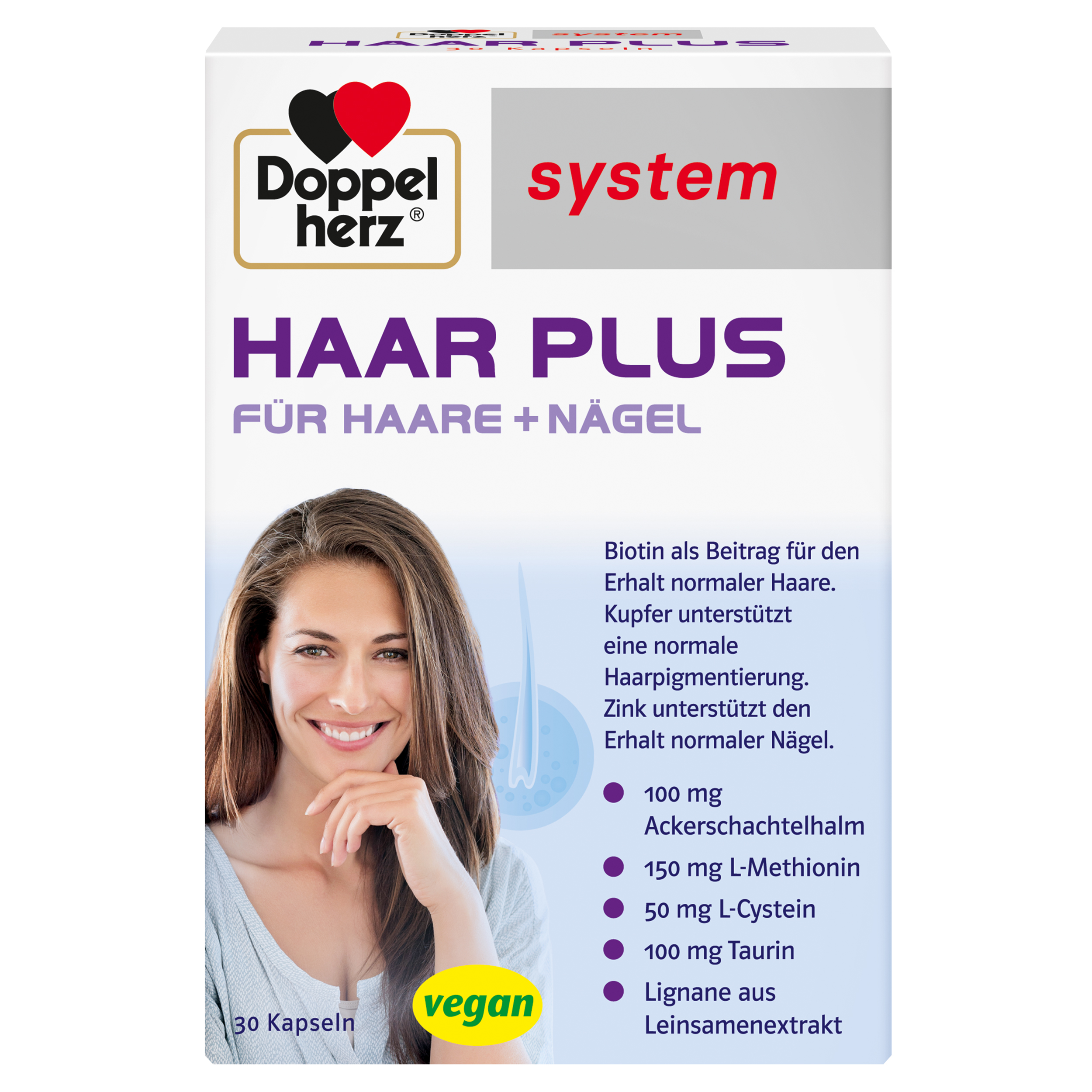 Packung für das Produkt "Haar Plus" von Doppelherz, das 30 Kapseln enthält.