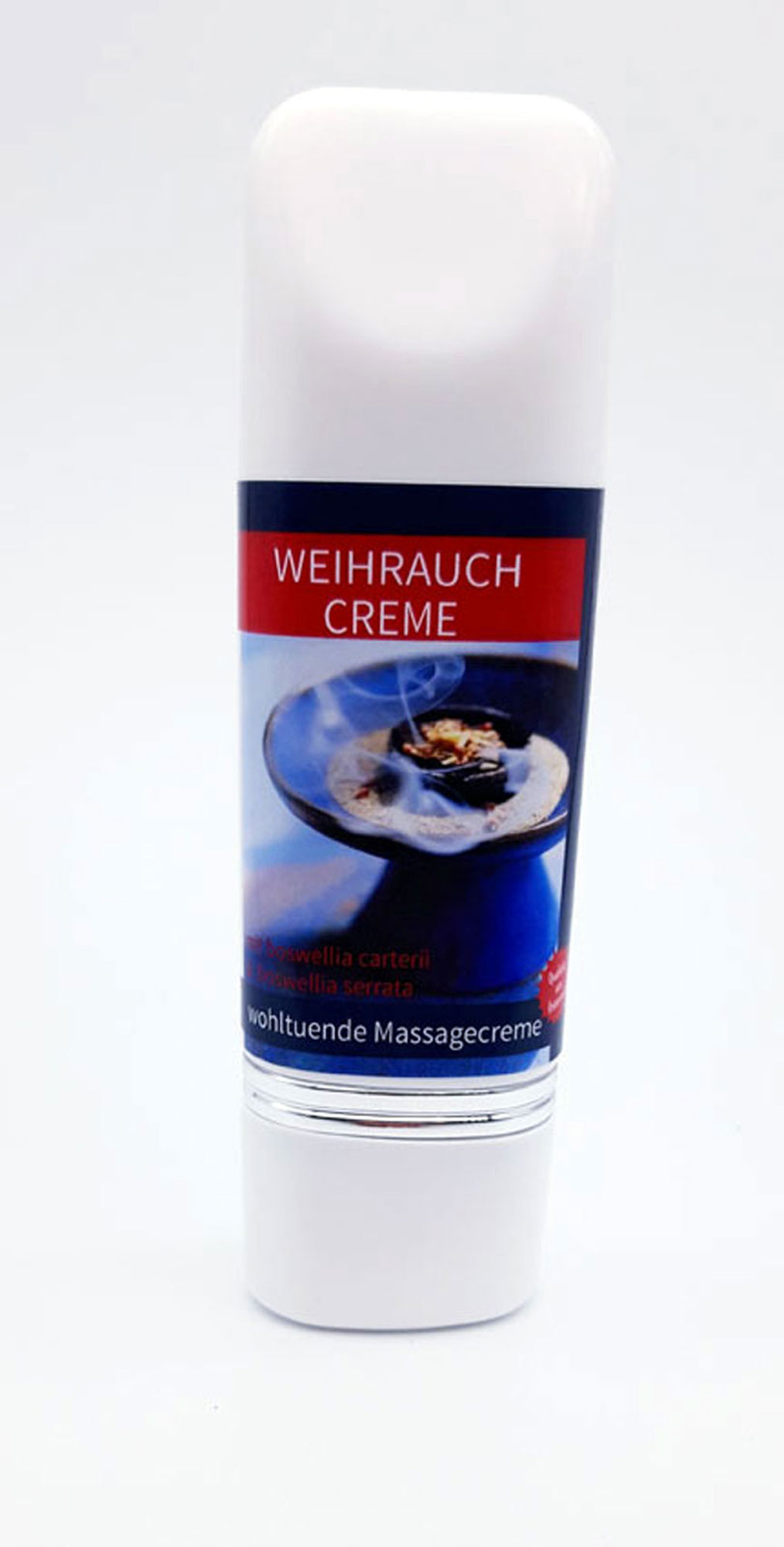 Weihrauch Creme in einer weißen Flasche mit rotem Etikett und Beschreibung der Inhaltsstoffe.