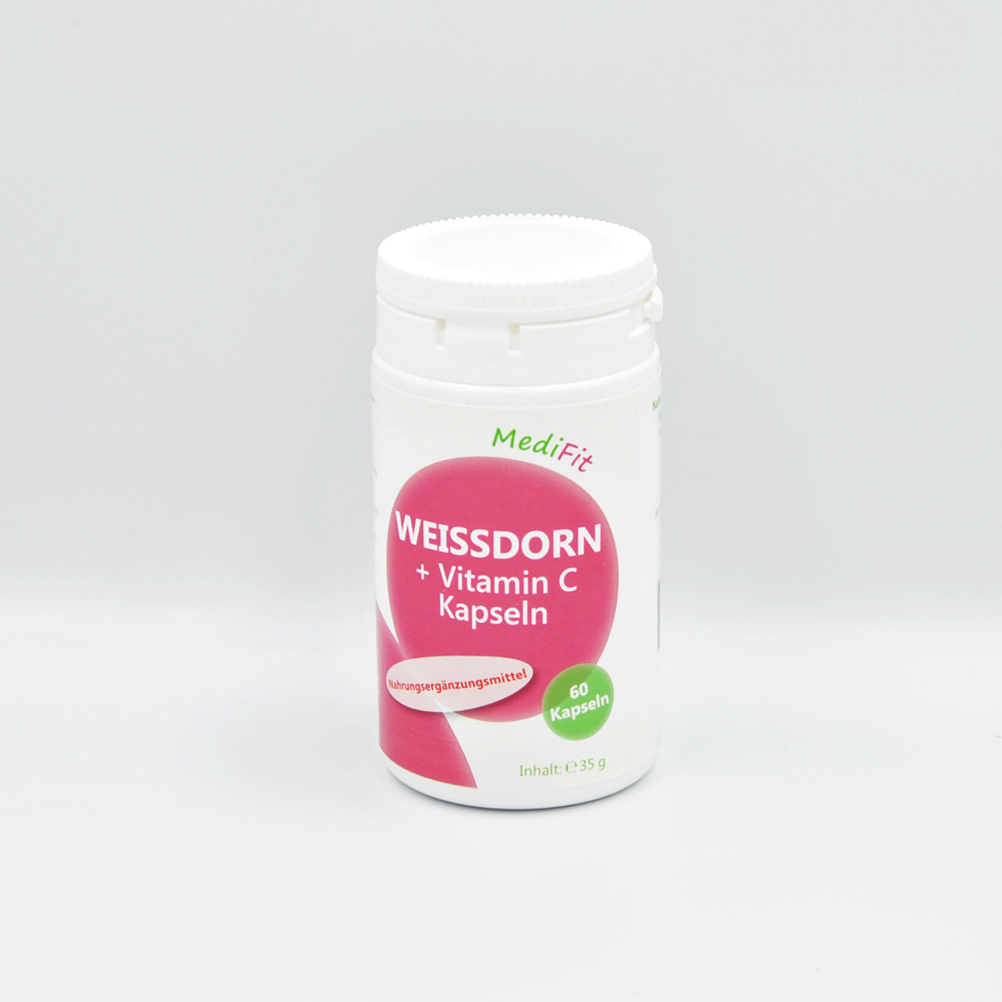 Weißdorn + Vitamin C Kapseln in einer weißen Verpackung mit 60 Kapseln.