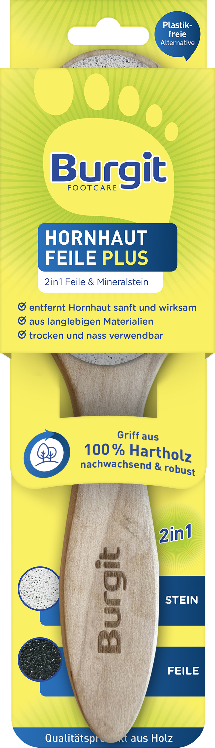 Verpackung der Burgit Hornhautfeile Plus mit 2-in-1-Funktion und handlichem Griff aus 100% Hartholz.