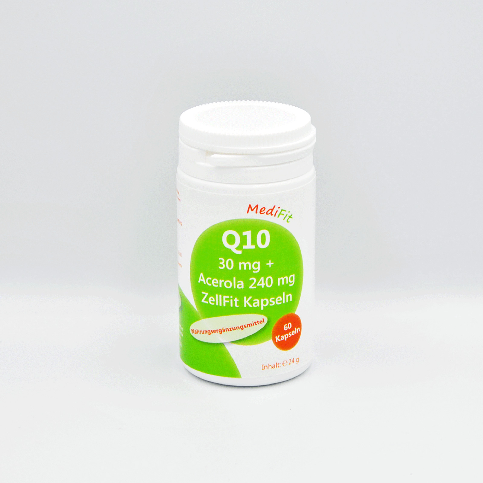 Weißes Fläschchen mit grüner Beschriftung, enthält Q10 Kapseln mit Acerola und Angaben zu Inhalt und Dosierung.