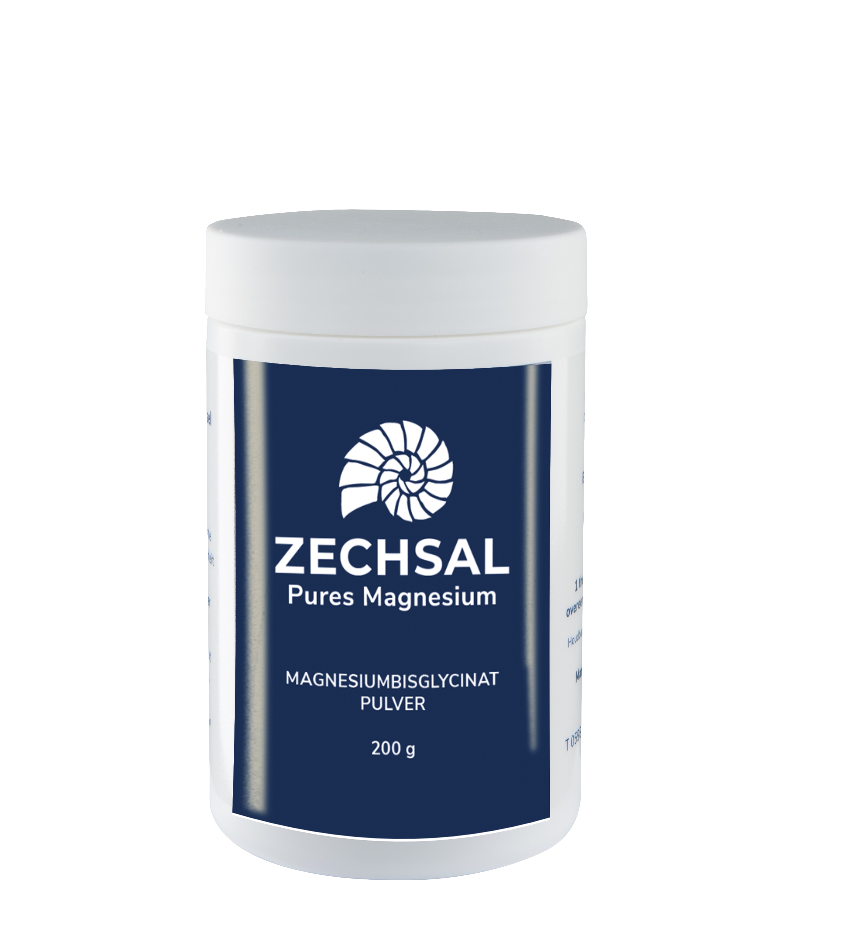 Weißer Behälter mit blauem Etikett, darauf steht "ZECHSAL Pures Magnesium" und "MAGNESIUMBSIGLYCINAT PULVER 200 g".