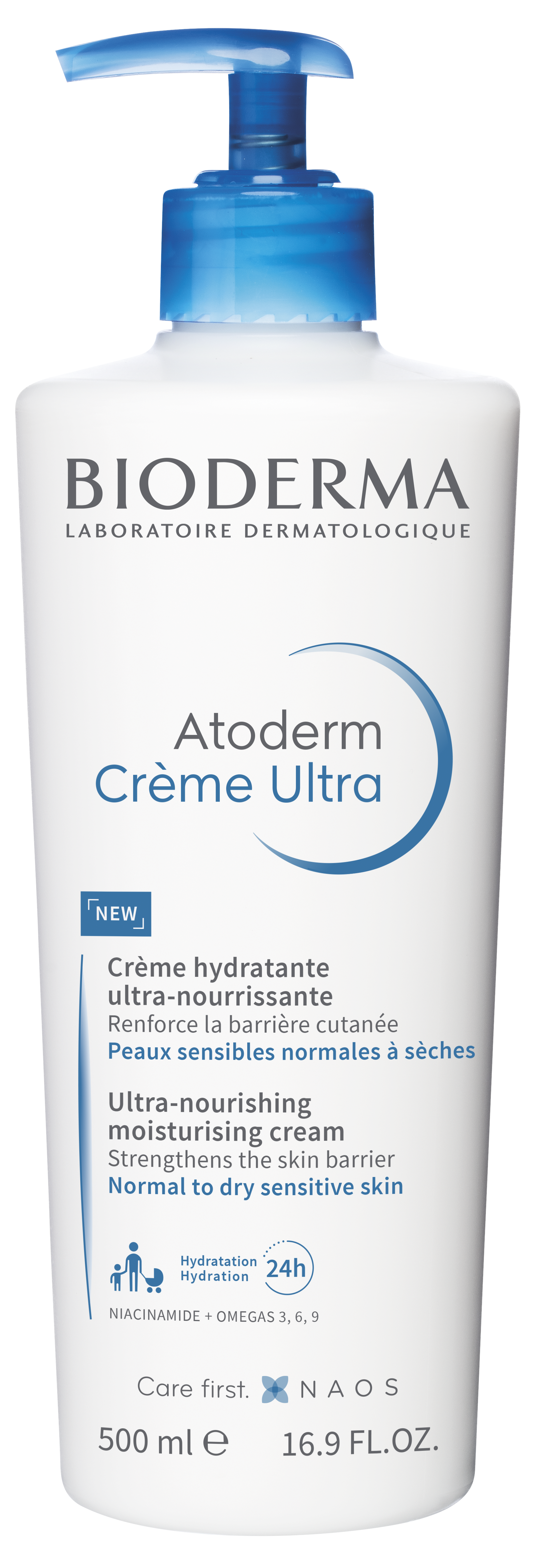 Flasche mit Bioderma Atoderm Crème Ultra, einer ultra-nährendenden Feuchtigkeitscreme für trockene, empfindliche Haut.