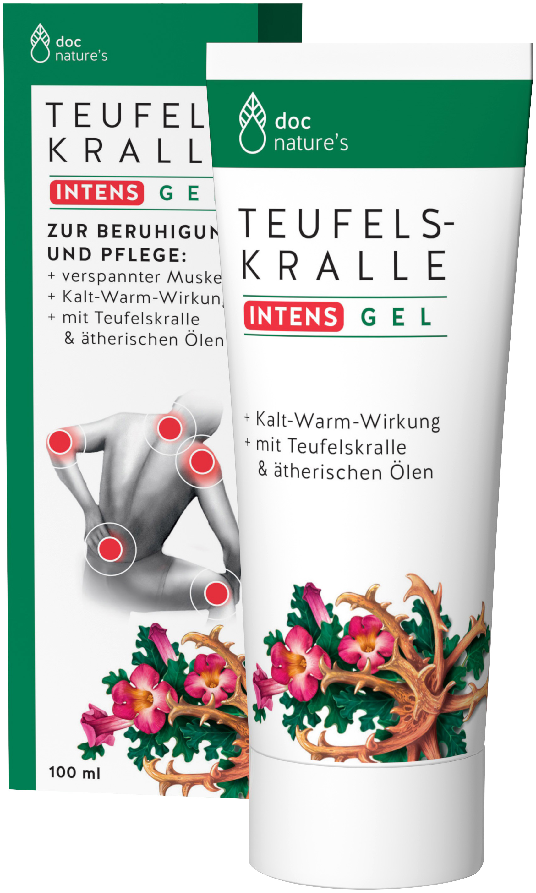 Tube mit Teufelskralle Intens Gel zur Muskelentspannung und Pflege, ergänzt durch eine Verpackung, die ebenfalls Informationen über das Produkt enthält.