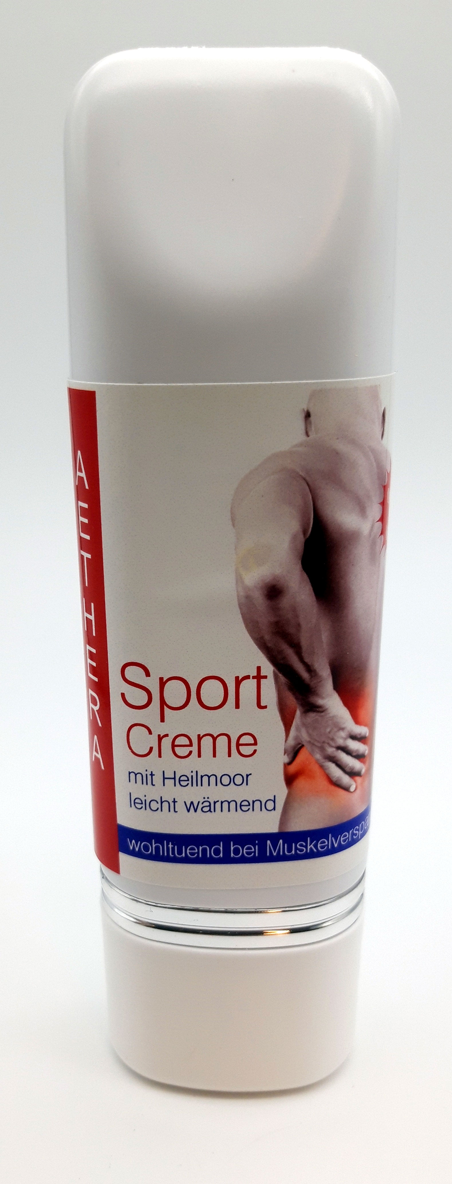 Eine Flasche Sportcreme mit einer Abbildung eines rückblickenden Mannes und dem Hinweis „leichte Wärme“.