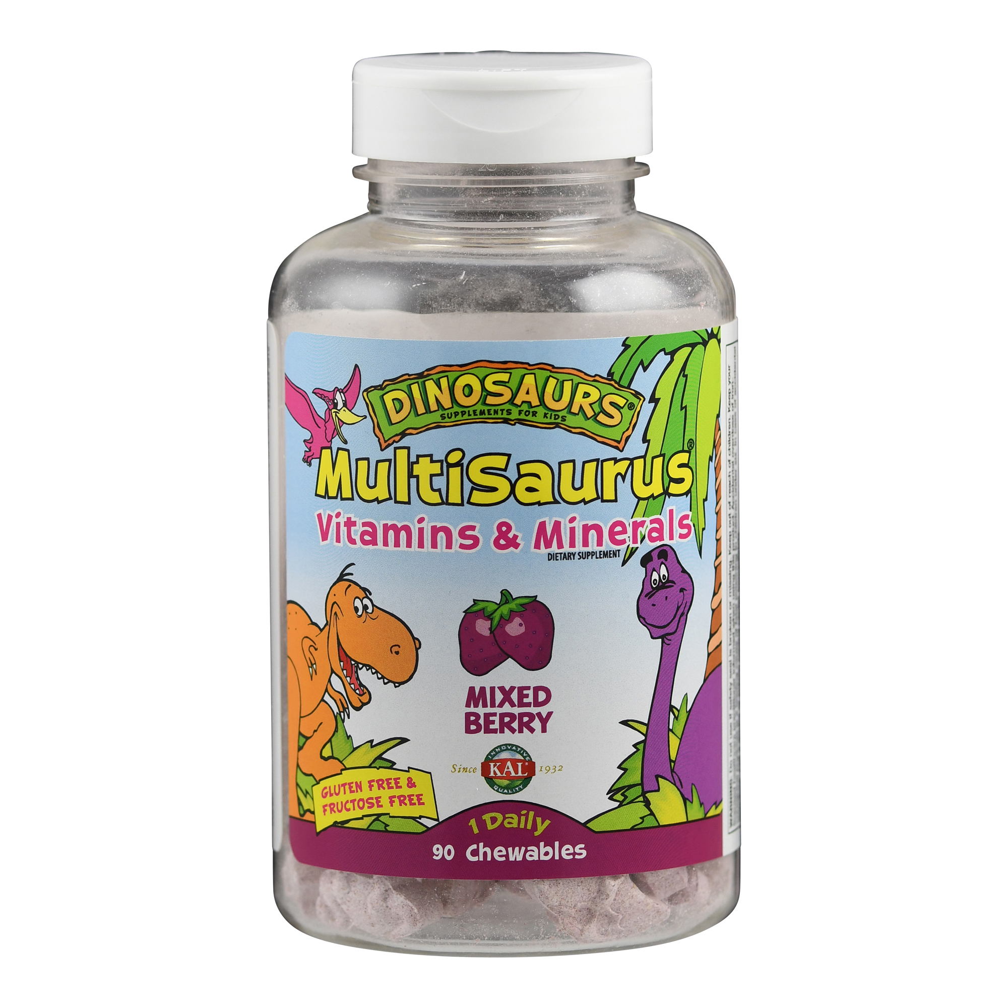 Flasche mit "MultiSaurus" Vitaminen und Mineralien mit gemischtem Beerengeschmack, umgeben von Dinosaurier-Illustrationen.