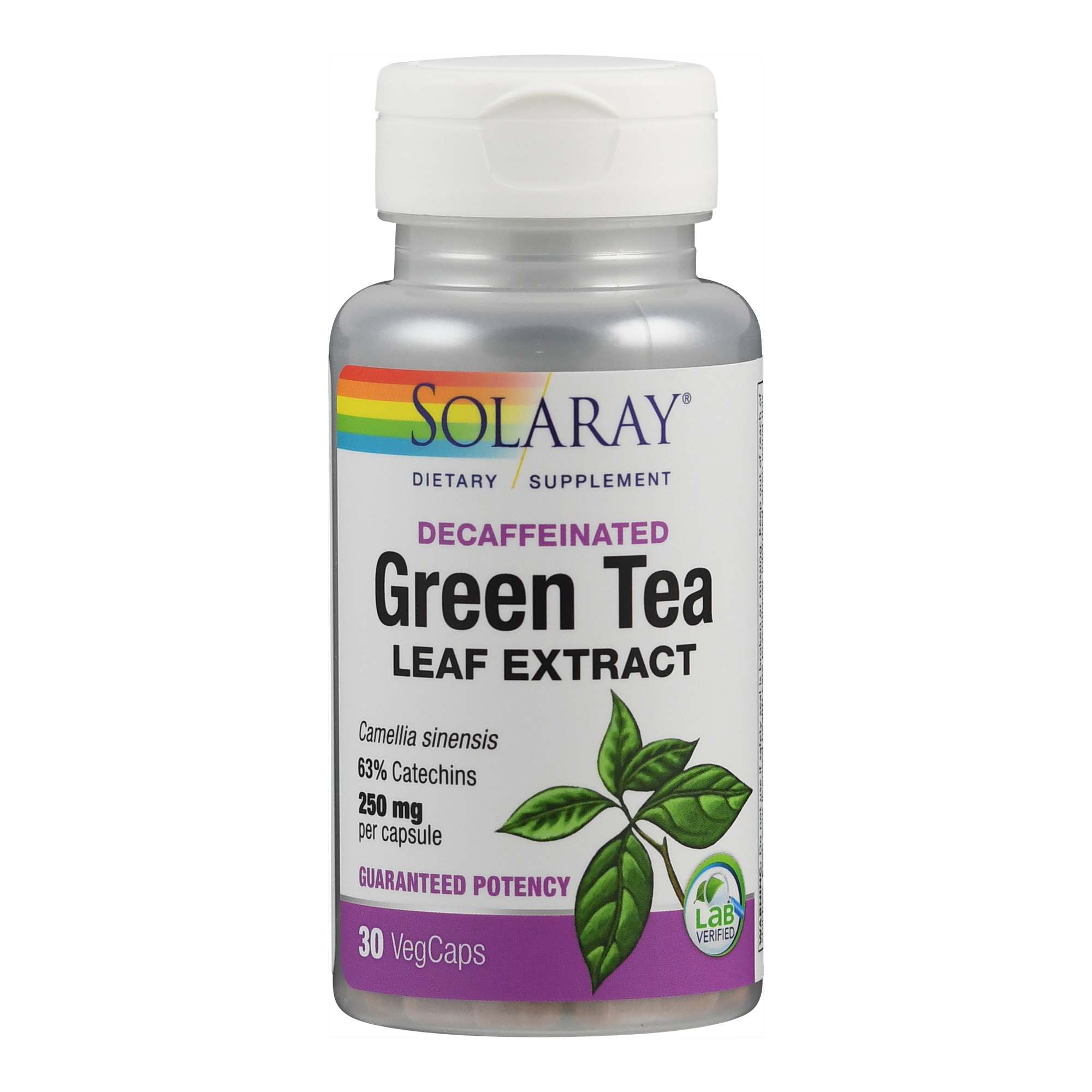 Flasche mit grünem Tee-Extrakt ohne Koffein, 30 pflanzlichen Kapseln, Produktname und Inhaltsstoffe auf dem Etikett.