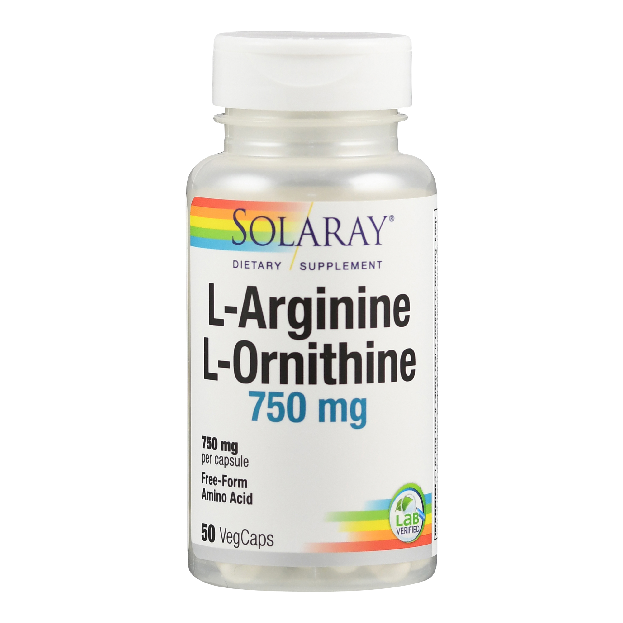 Flasche mit L-Arginin und L-Ornithin Nahrungsergänzungsmittel, 750 mg pro Kapsel, 50 VegCaps.