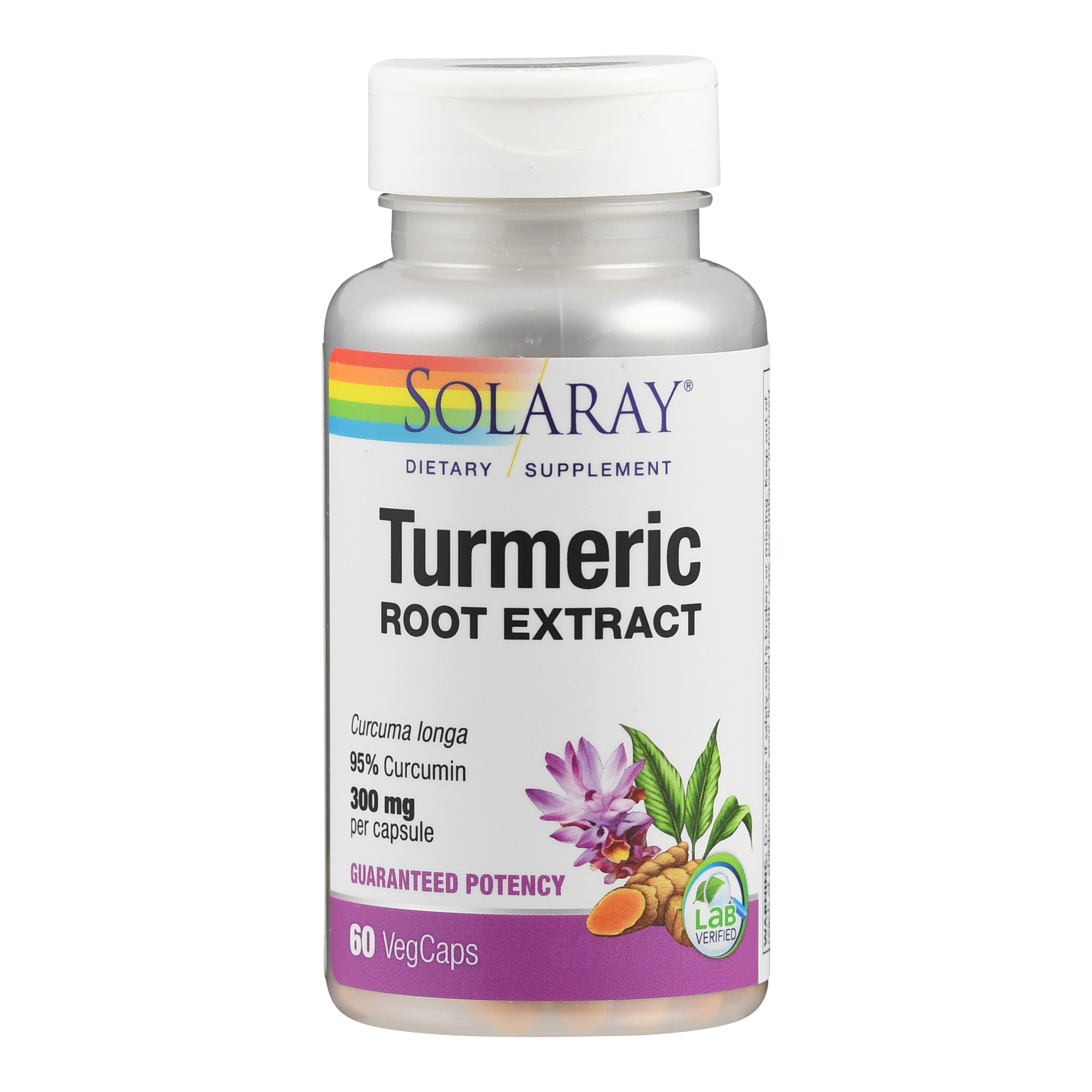 Braunglasflasche mit Turmeric Wurzelextrakt, 60 Kapseln, beschriftet mit "Solaray", angaben zu Wirkstoffen und Dosierung.