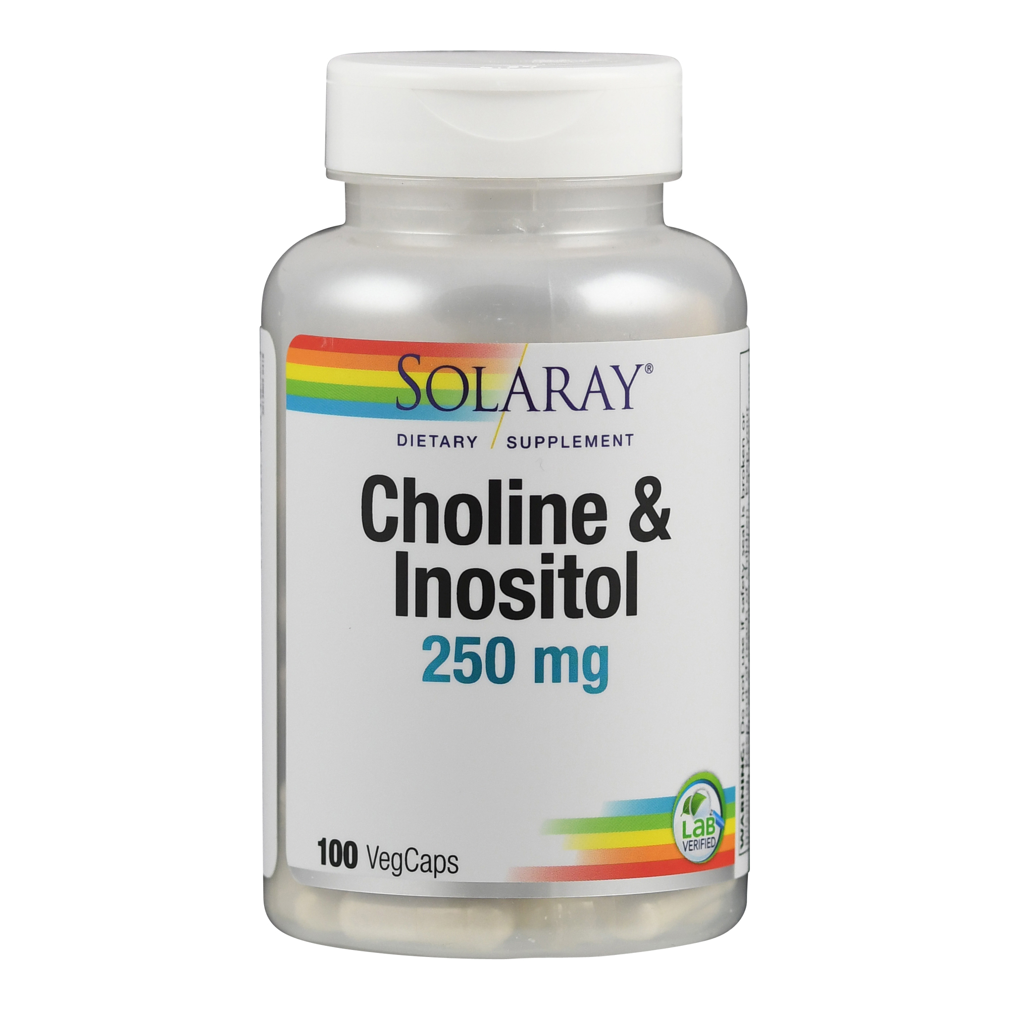 Flasche mit Nahrungsergänzungsmittel "Choline & Inositol" von Solaray, 250 mg, 100 Veggie-Kapseln.