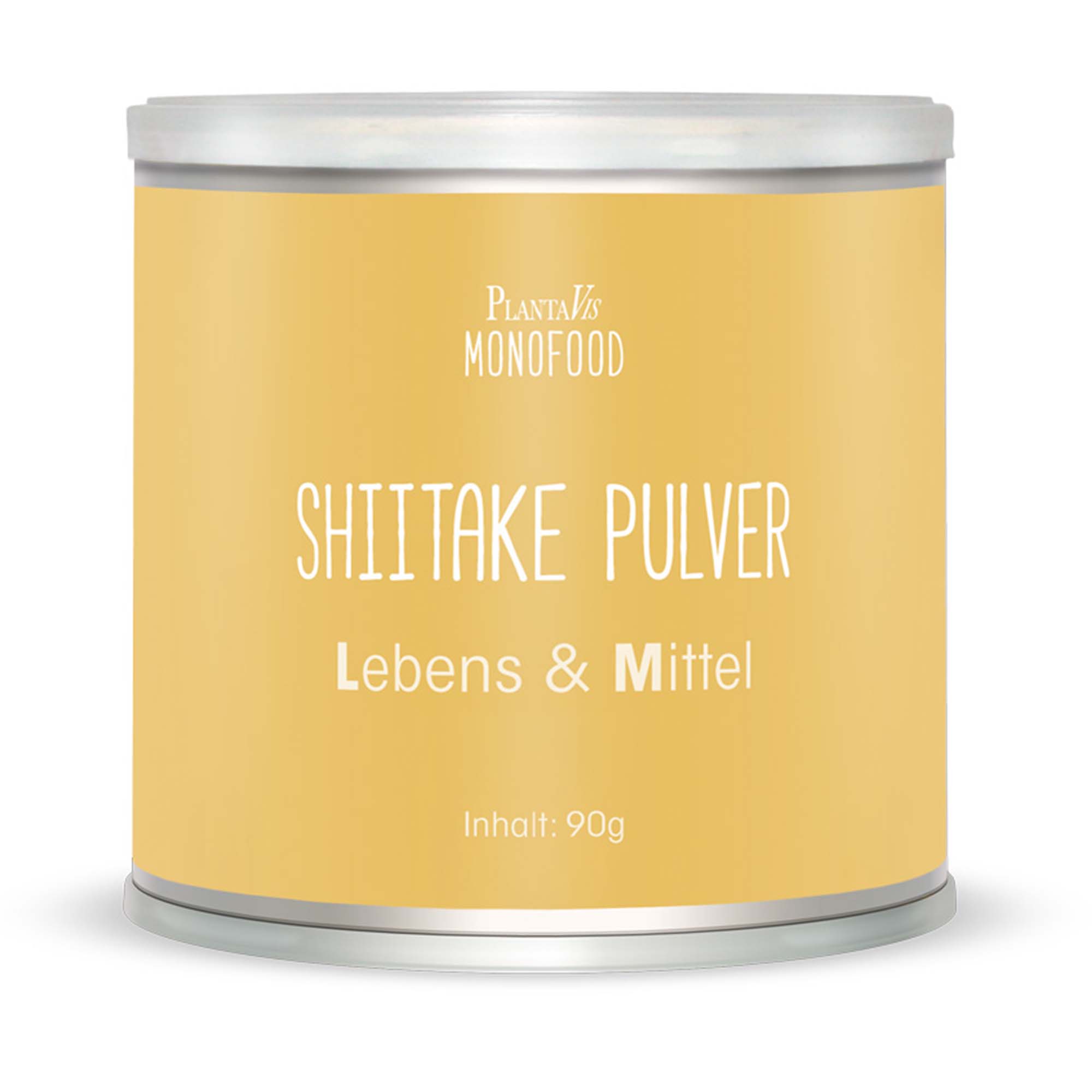 Dose mit Shiitake Pulver, gelbe Verpackung, Inhalt: 90g.