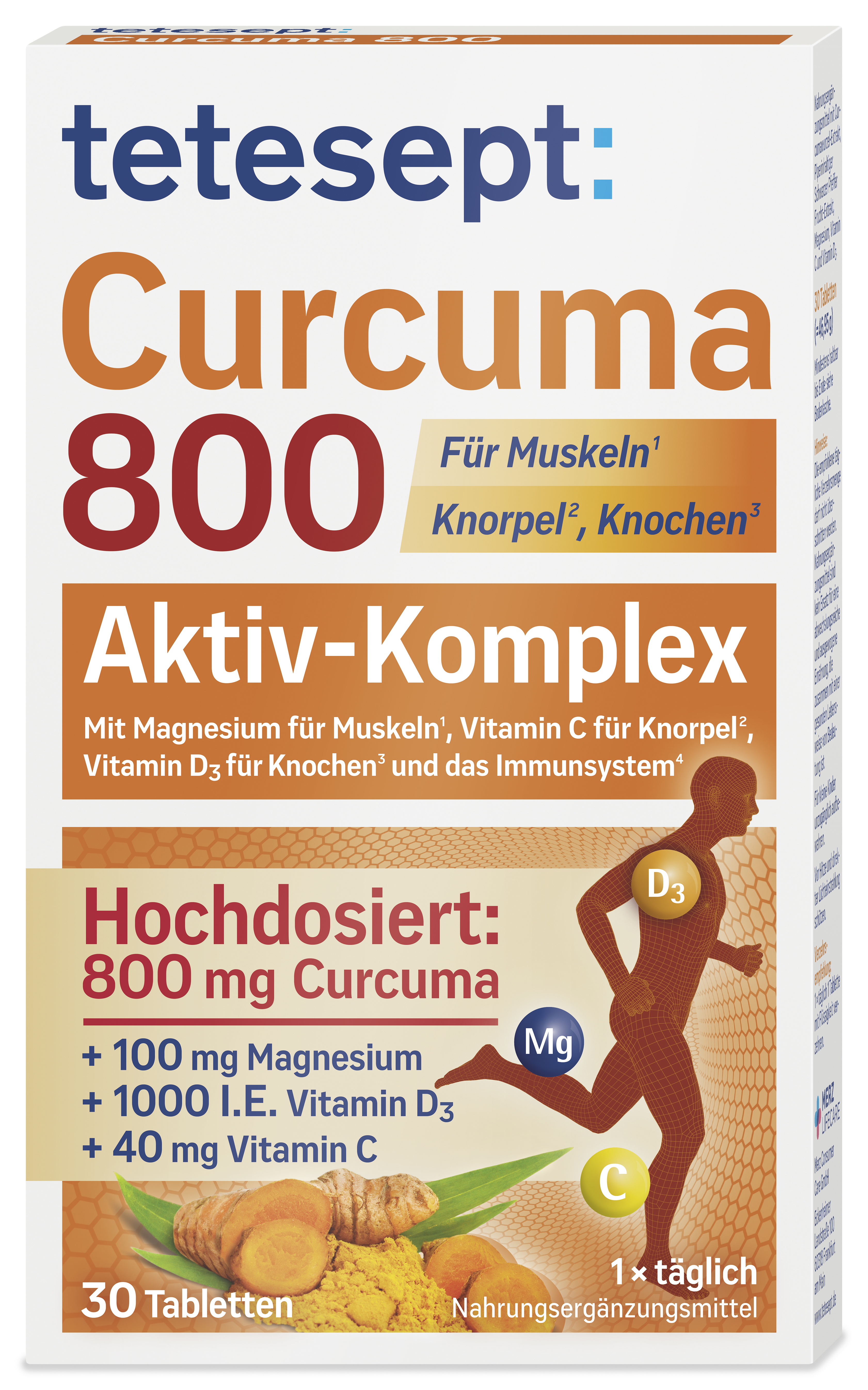 Packung mit tetesept Curcuma 800 Aktiv-Komplex, enthält 30 Tabletten und ist mit Angaben zu Inhaltsstoffen und Anwendung versehen.
