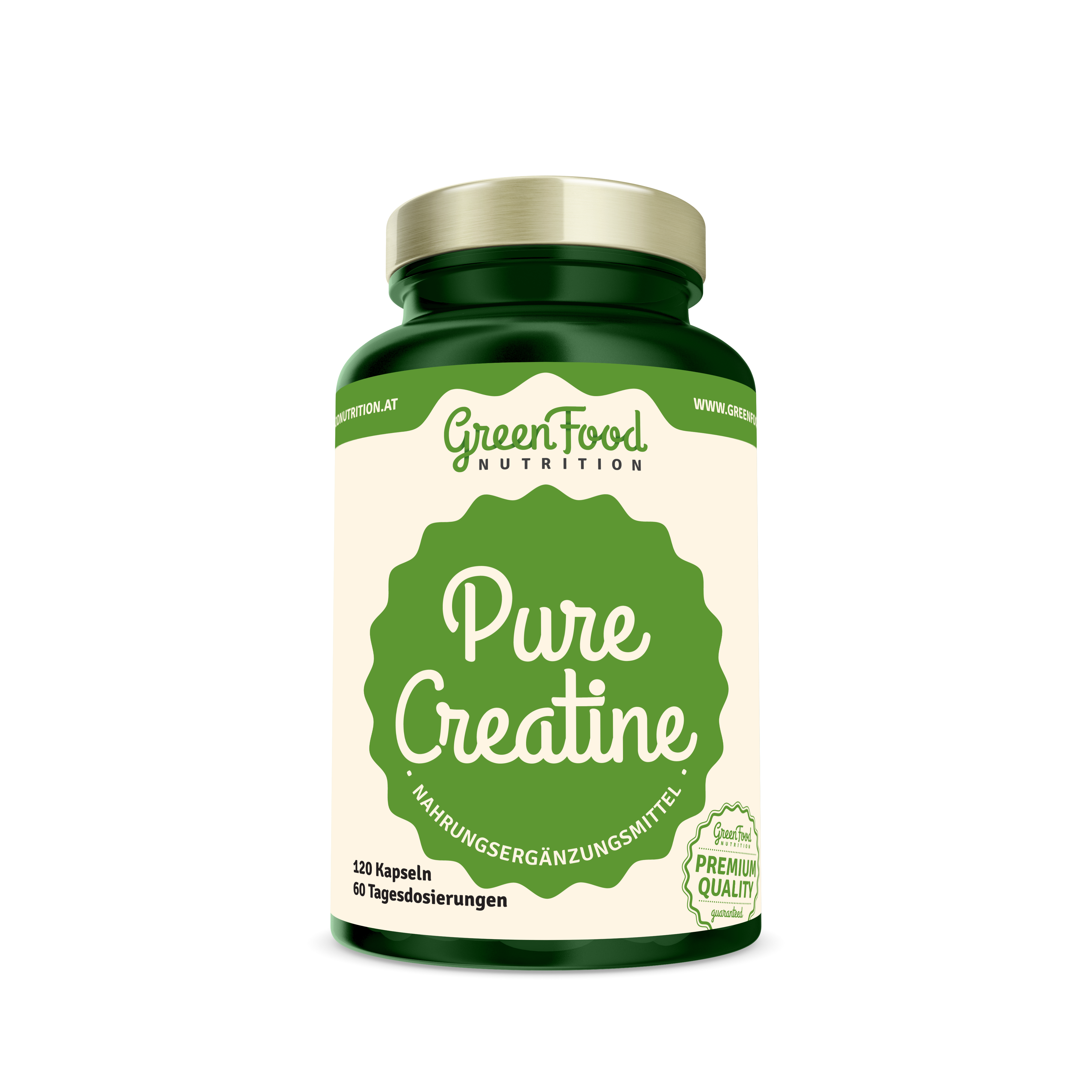 Grünes Nahrungsergänzungsmittel mit der Aufschrift "Pure Creatine" in einer Glasflasche.