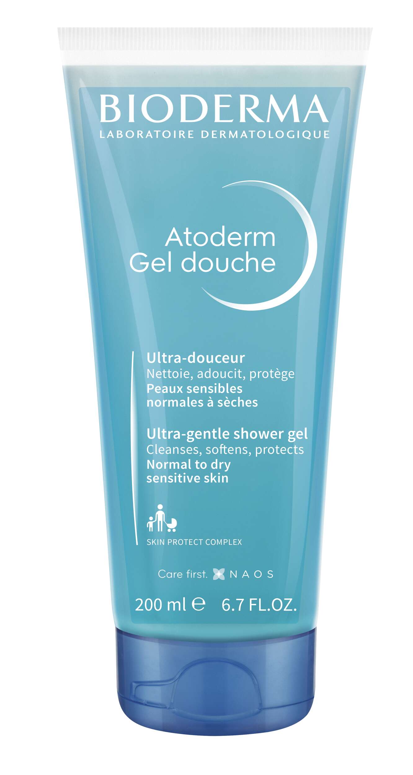 Tube mit Bioderma Atoderm Gel douche, 200 ml, mit einer blauen Flüssigkeit, beschriftet mit "Ultra-douceur" und "Nettoie, adoucit, protège".