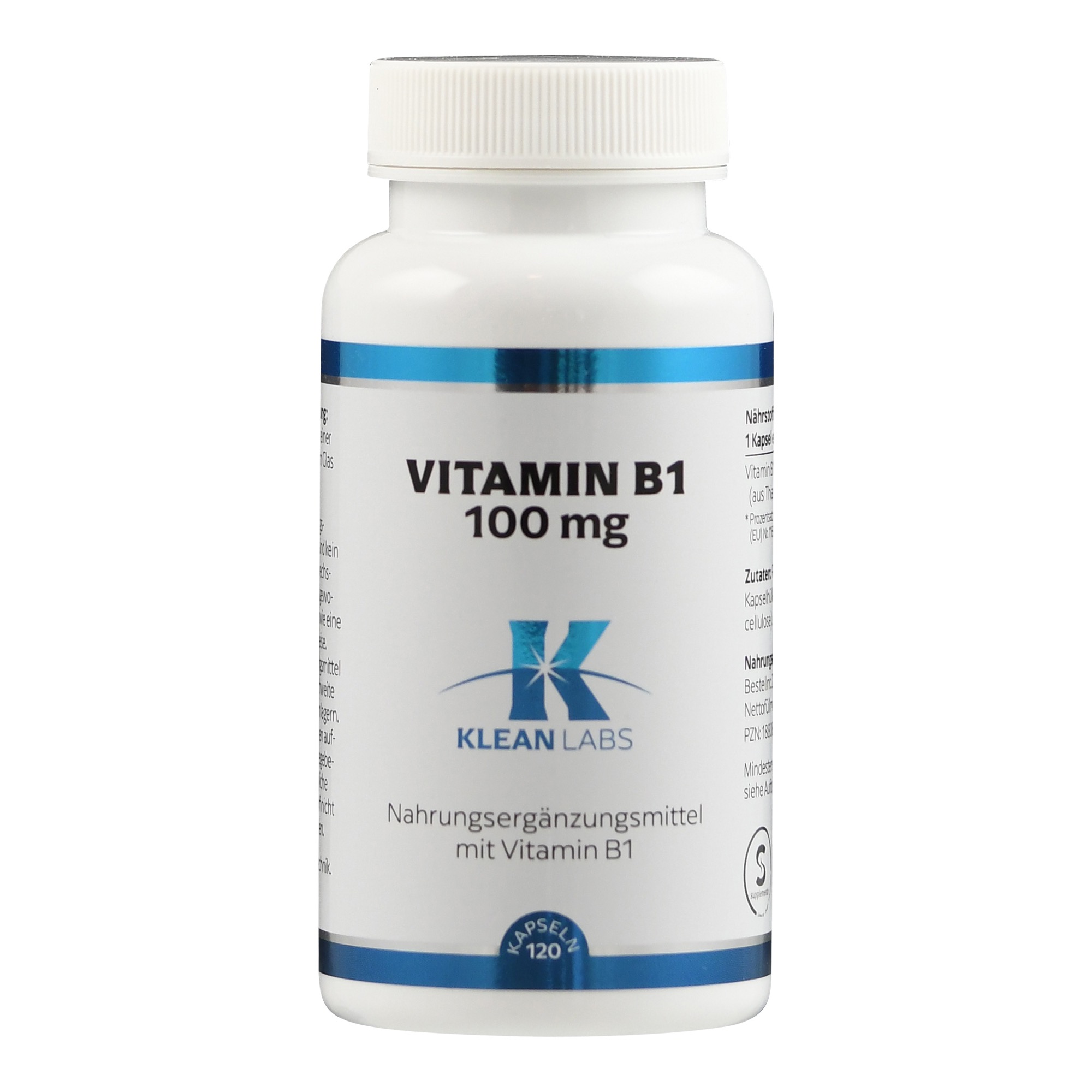 Flasche mit Nahrungsergänzungsmittel für Vitamin B1, 100 mg, Klean Labs, 120 Kapseln.