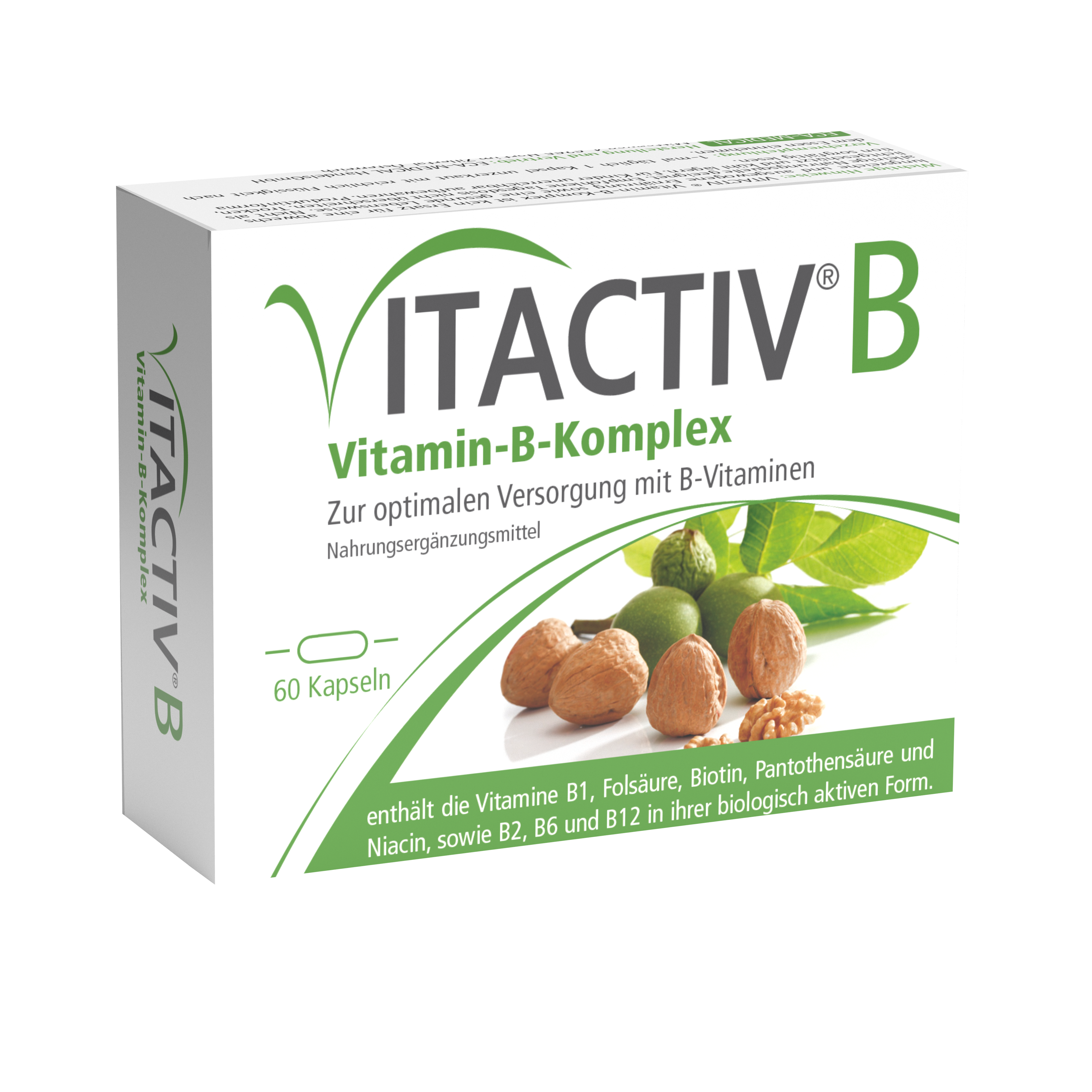 Packung des Nahrungsergänzungsmittels "VITACTIV B" mit Vitamin-B-Komplex, 60 Kapseln, mit Abbildungen von Mandeln und grünen Blättern.