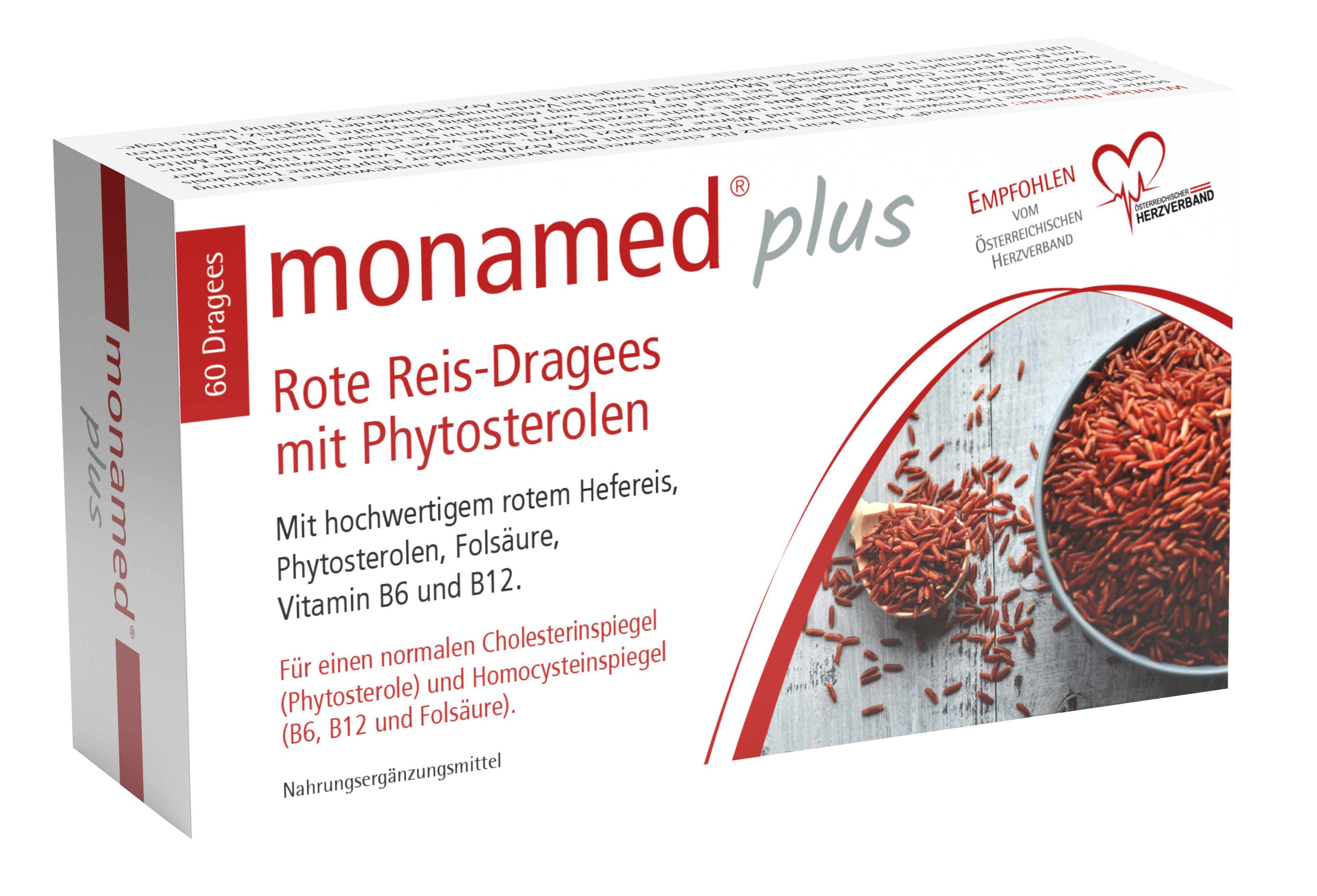 Packung mit roten Reis-Dragees, die Phytosterole enthalten, beschriftet mit „monamed plus“ und Informationen zu Inhaltsstoffen und empfohlener Anwendung.