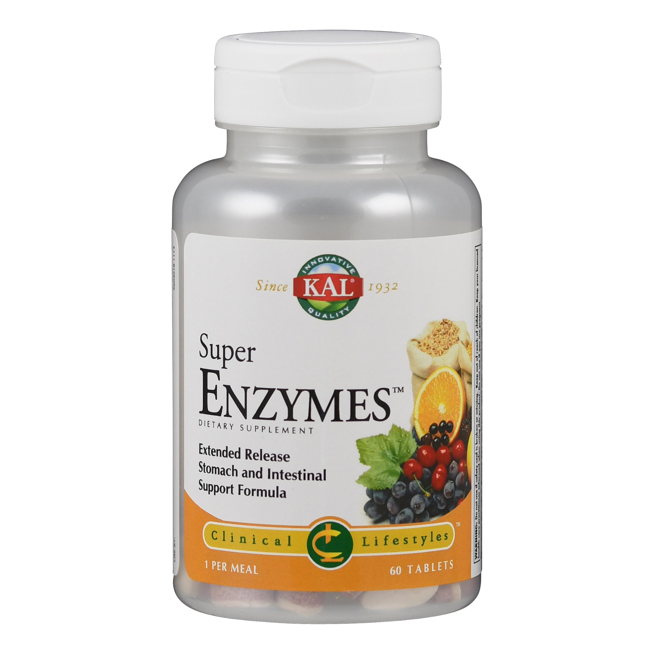 Flasche mit Nahrungsergänzungsmittel "Super Enzymes" von KAL, 60 Tabletten, mit Hinweis auf die Unterstützung von Magen und Darm.