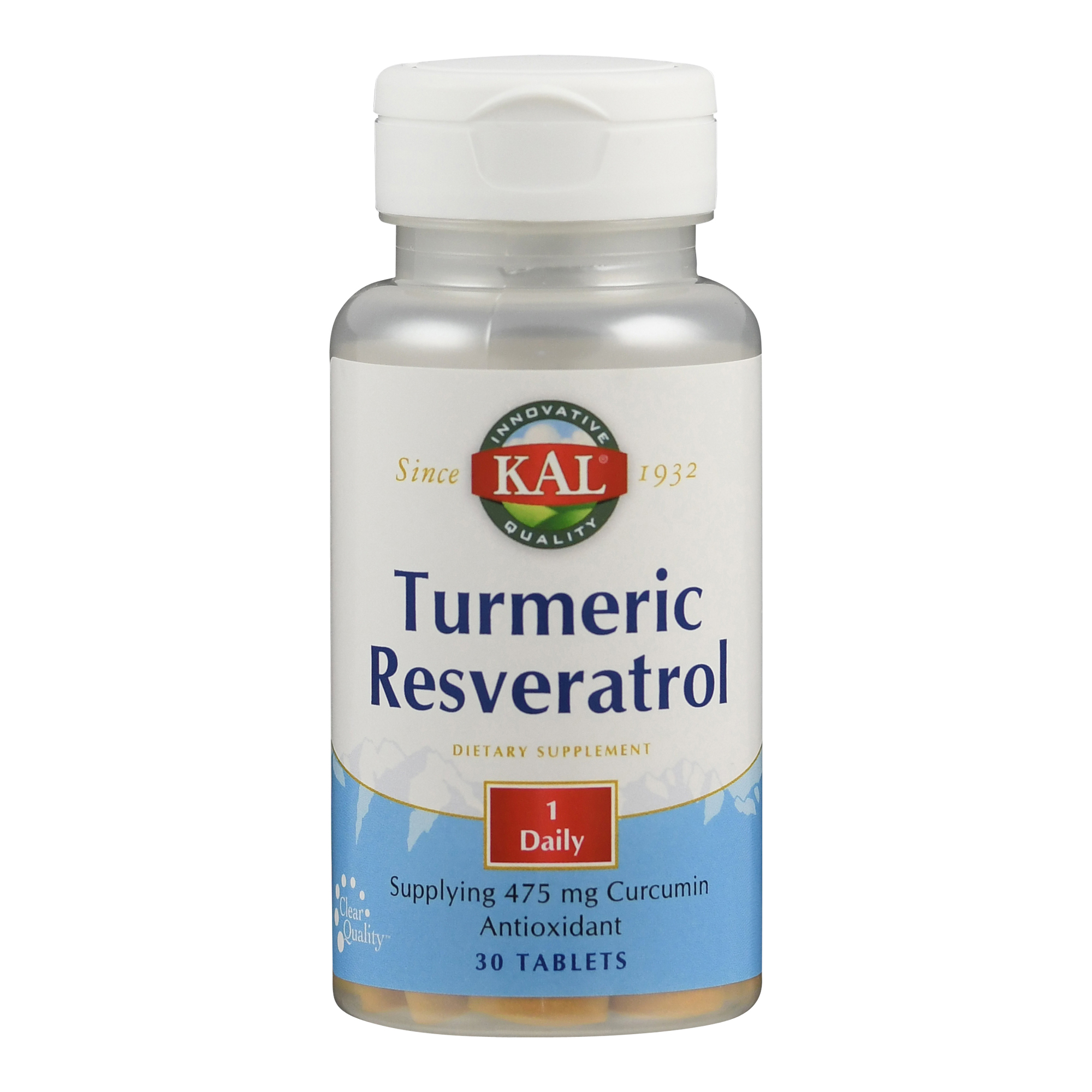 Eine Flasche mit einem Nahrungsergänzungsmittel namens "Turmeric Resveratrol" von KAL, die 30 Tabletten enthält.