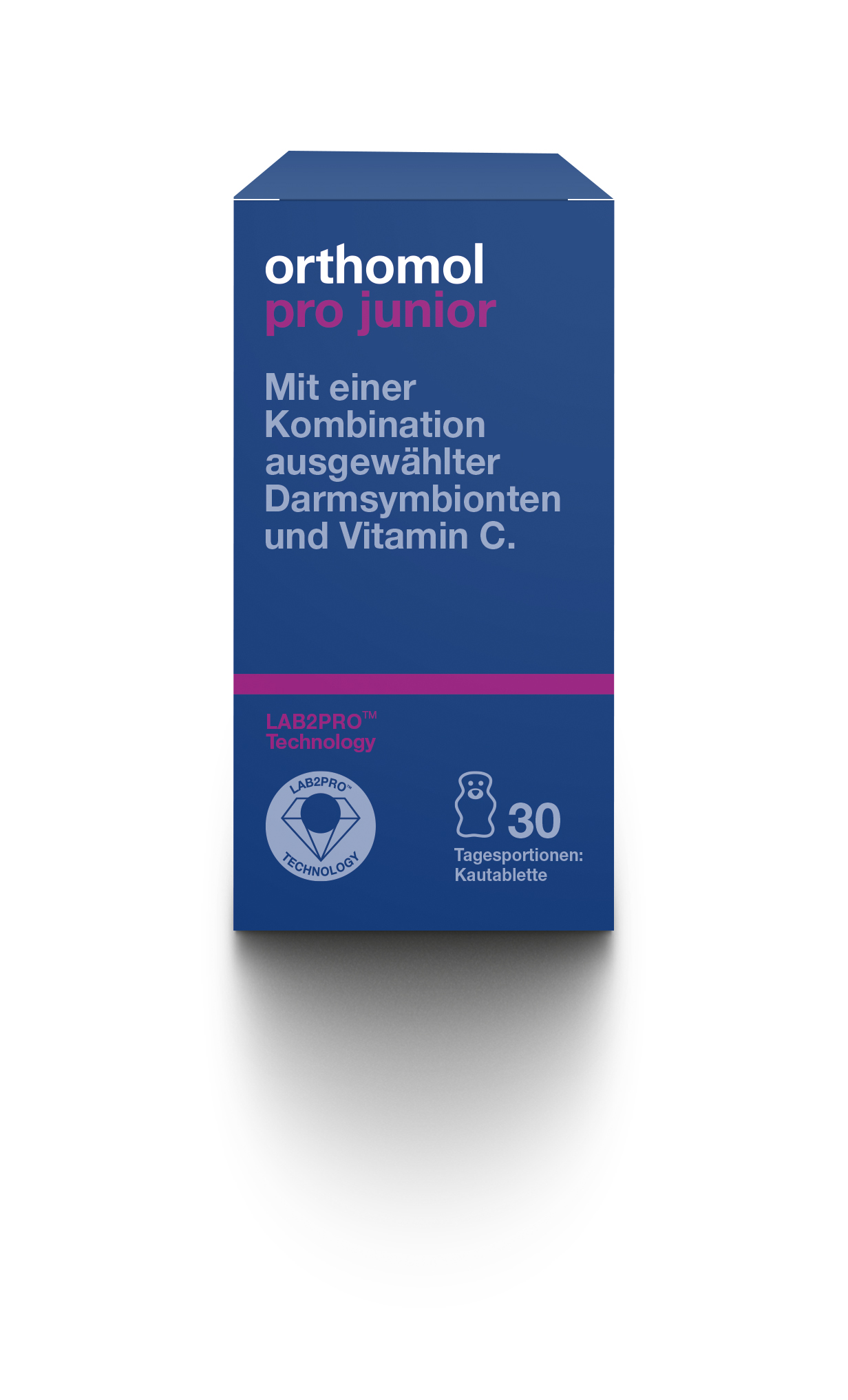 Packung von "orthomol pro junior" mit Informationen über die enthaltenen Darmsymbionten und Vitamin C sowie der Angabe von 30 Tagesportionen.