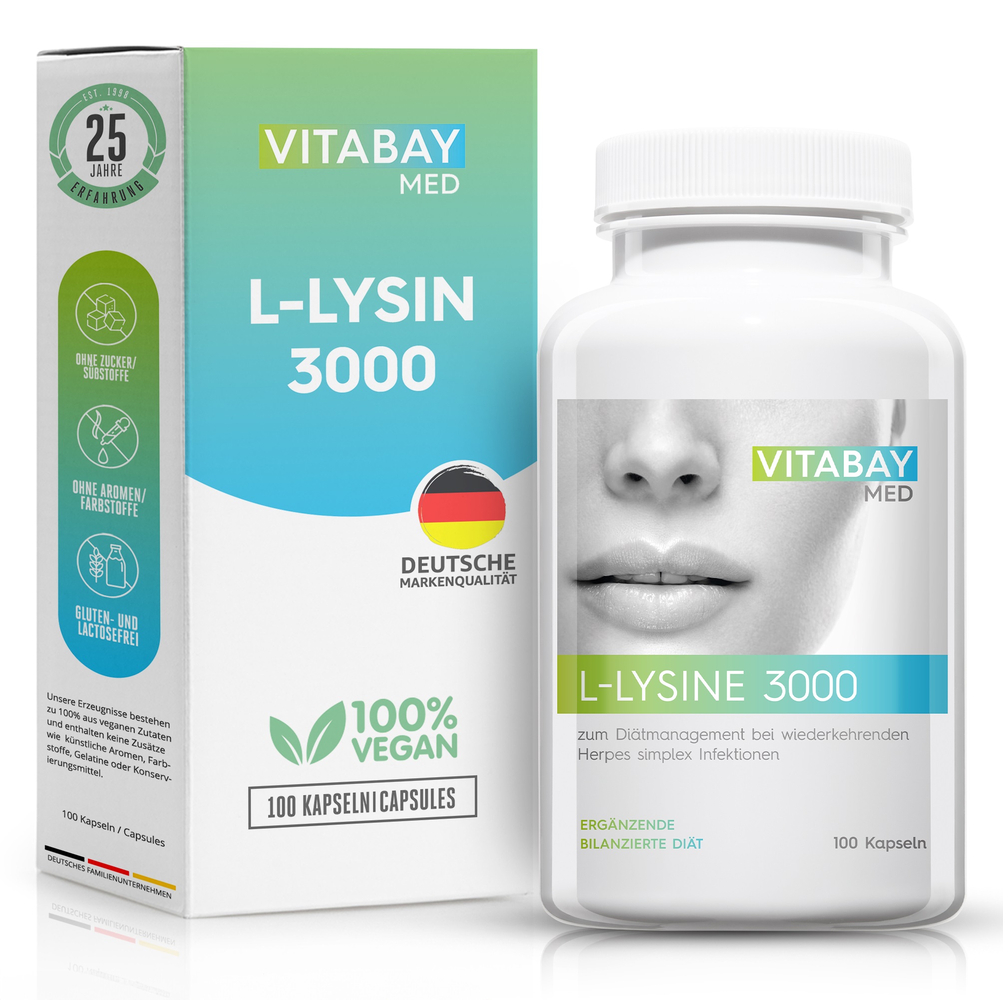 Flasche mit L-Lysin 3000 Kapseln und Verpackung, die Produktinformationen und Qualitätsmerkmale zeigt.