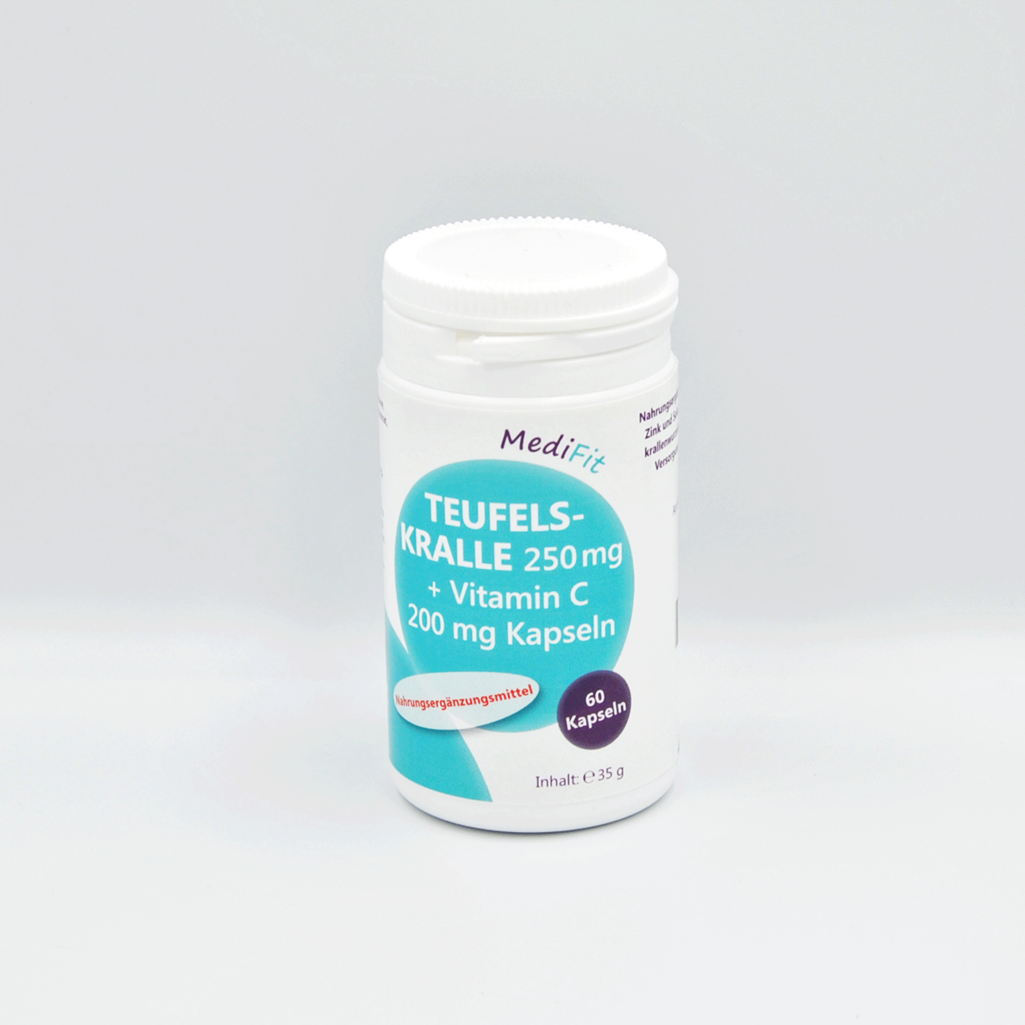 Weißes Fläschchen mit Schraubverschluss, beschriftet mit "Teufelskralle 250 mg + Vitamin C 200 mg", enthält 60 Kapseln.