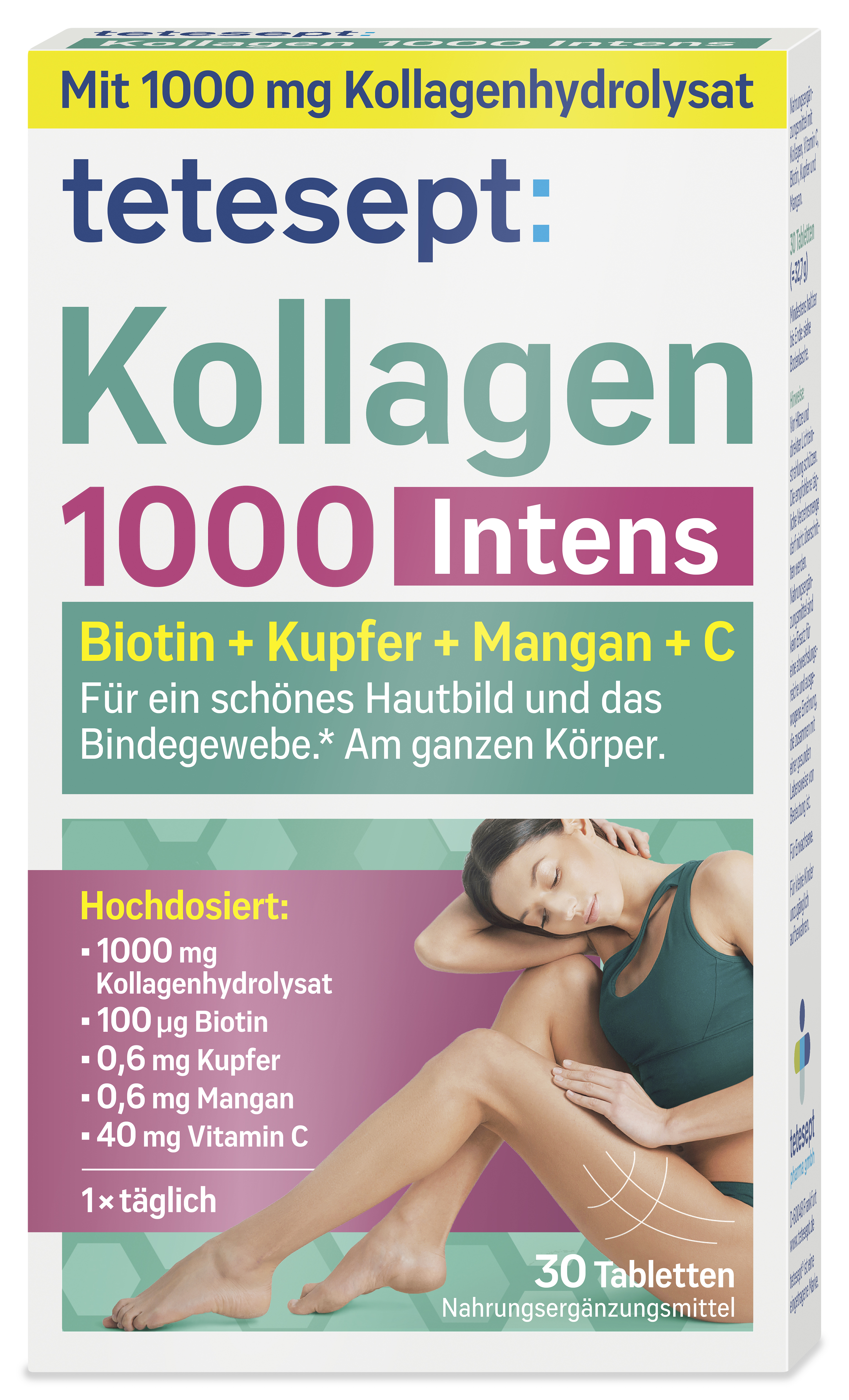 Verpackung des Nahrungsergänzungsmittels "tetesept Kollagen 1000 Intens" mit Angaben zu Inhaltsstoffen und Anwendung. Im Vordergrund ist eine Frau zu sehen, die entspannt auf einem Sofa sitzt und ihr Bein betrachtet.