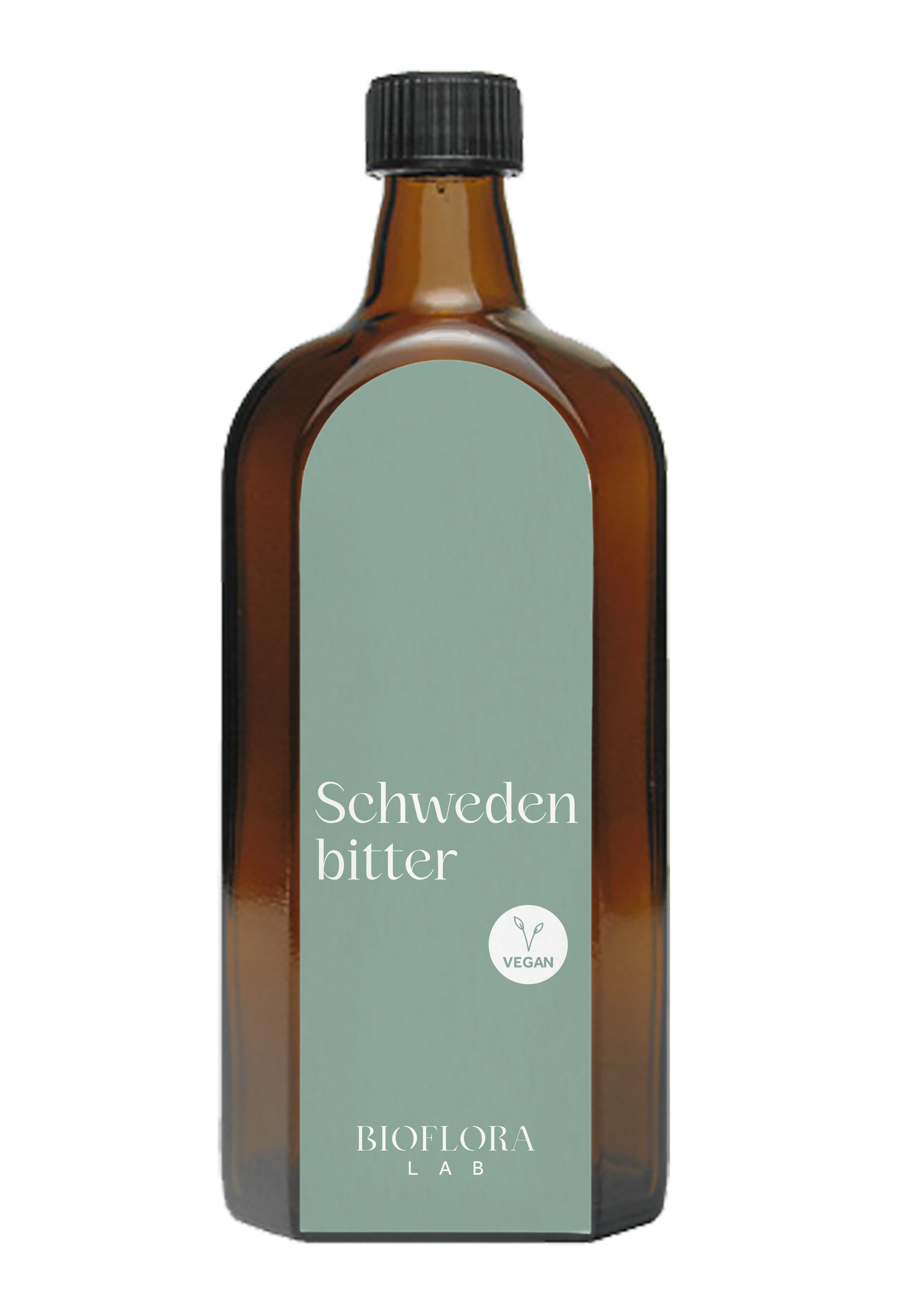 Braune Flasche mit Etikett, beschriftet mit „Schwedenbitter“, vegan, von Bioflora Lab.