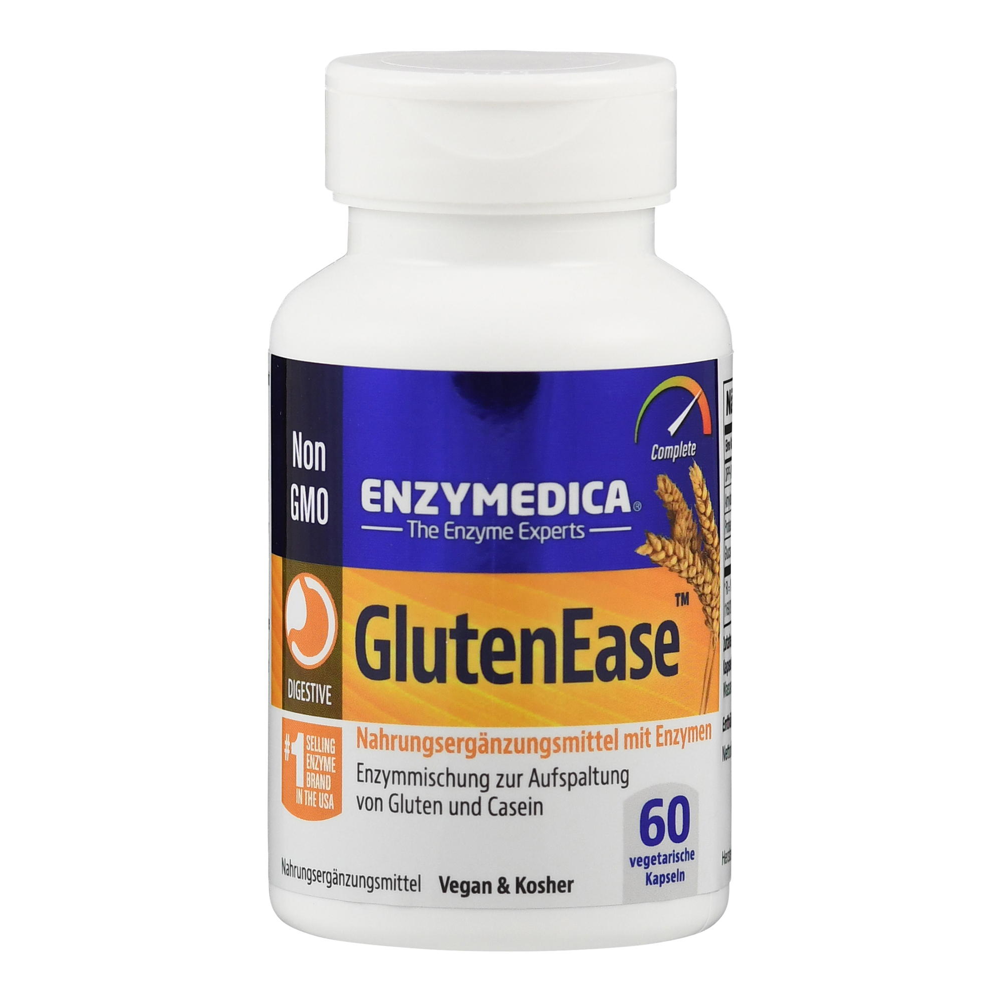 Weißes Fläschchen mit orange-blauer Etikettierung, das das Produkt "GlutenEase" von Enzymedica zeigt, mit der Aufschrift "Nahrungsergänzungsmittel mit Enzymen" und "60 vegatable Kapseln".