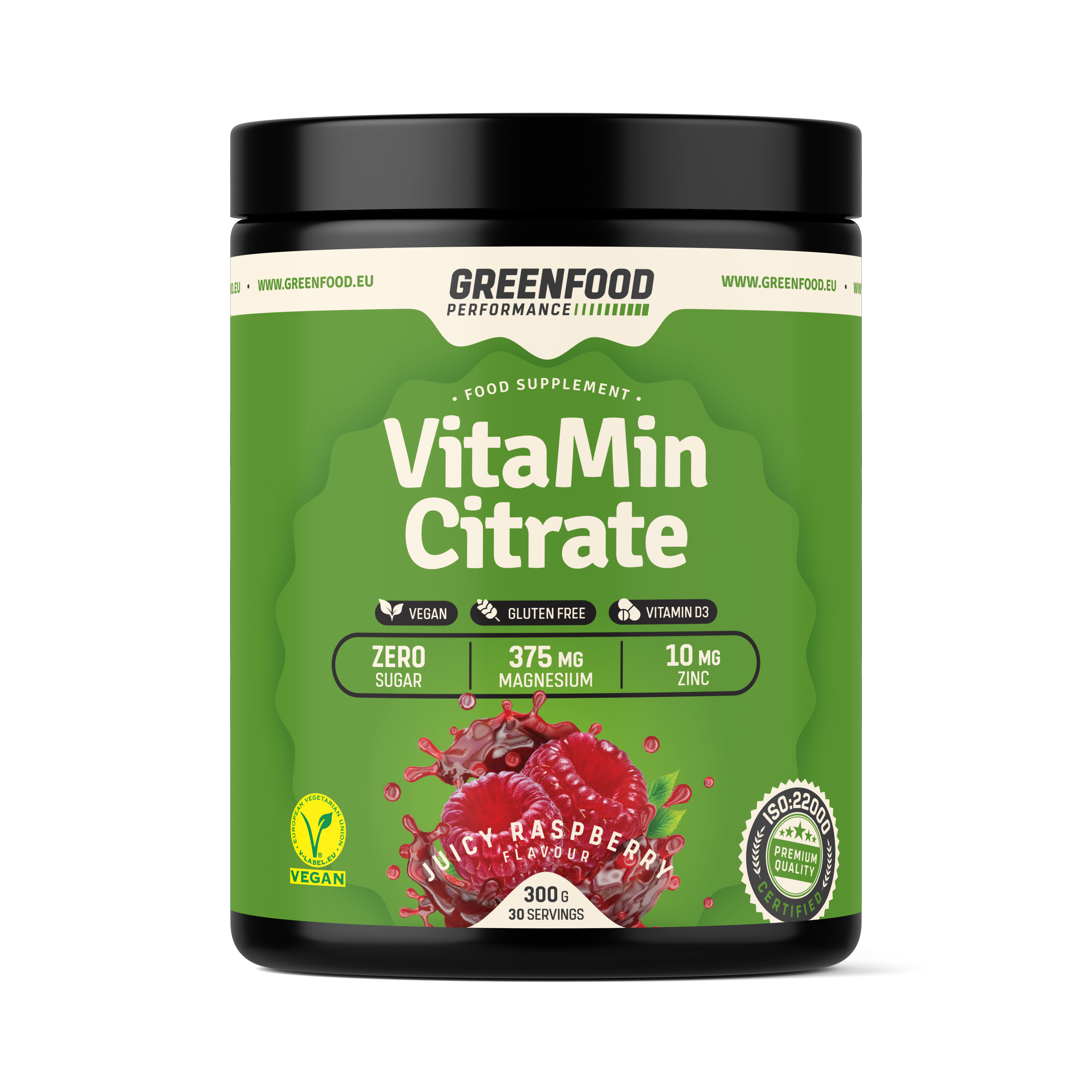 Produktlabel eines Nahrungsergänzungsmittels namens "VitaMin Citrate", Geschmack: Himbeere, enthält 375 mg Magnesium und 10 mg Zink, glutenfrei und vegan.