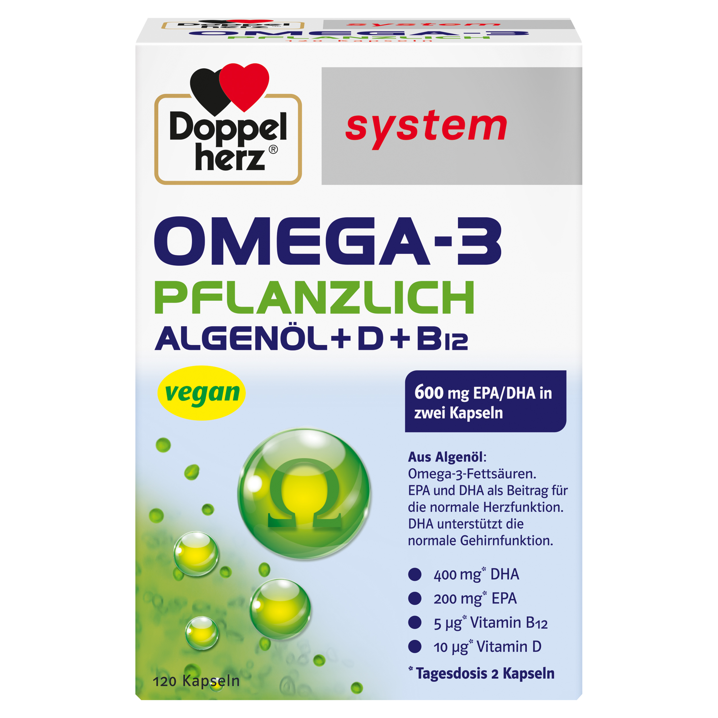Verpackung von Doppelherz Omega-3 pflanzlich, 120 Kapseln, mit Algenöl, Vitamin D und B12, vegan.