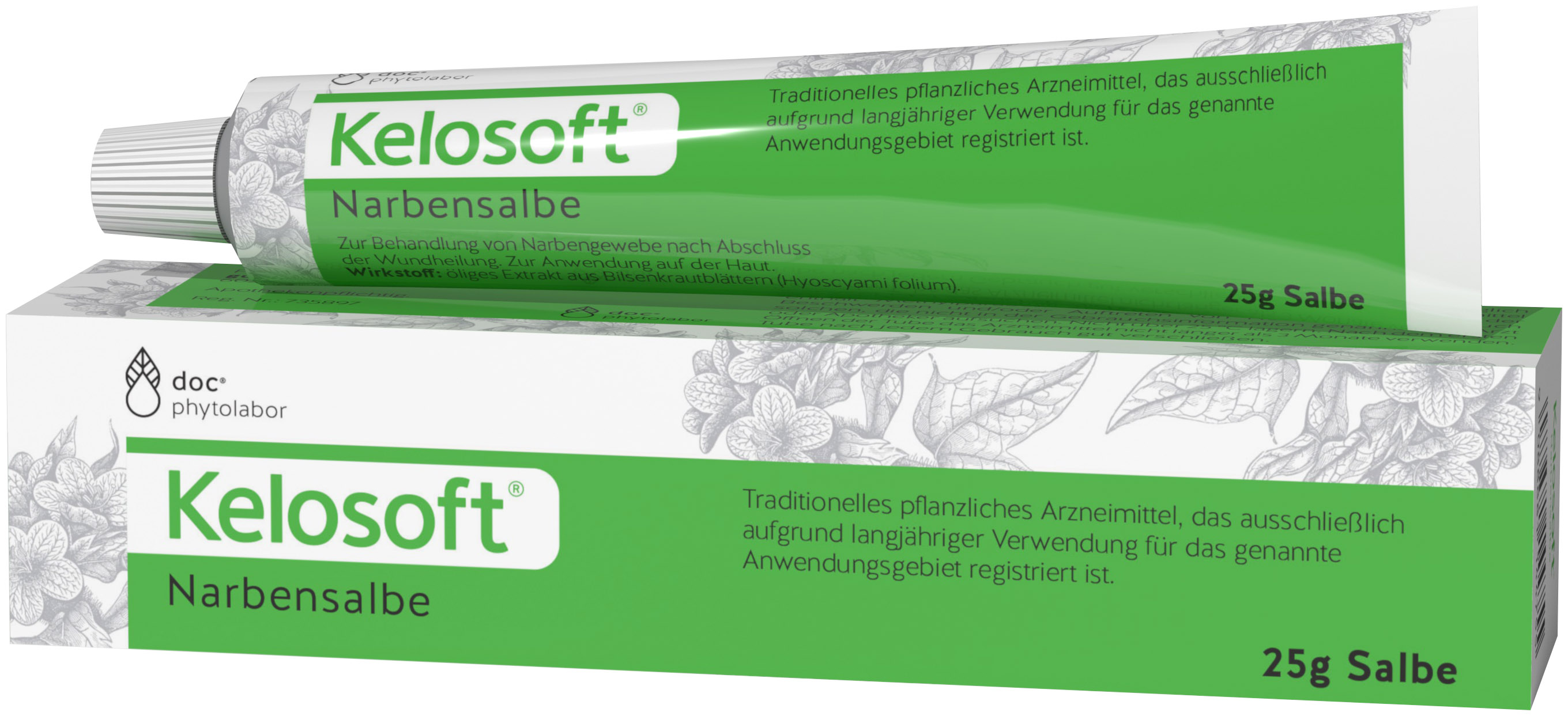 Tube und Packung der Kelosoft Narbensalbe (25 g) mit grüner Beschriftung.