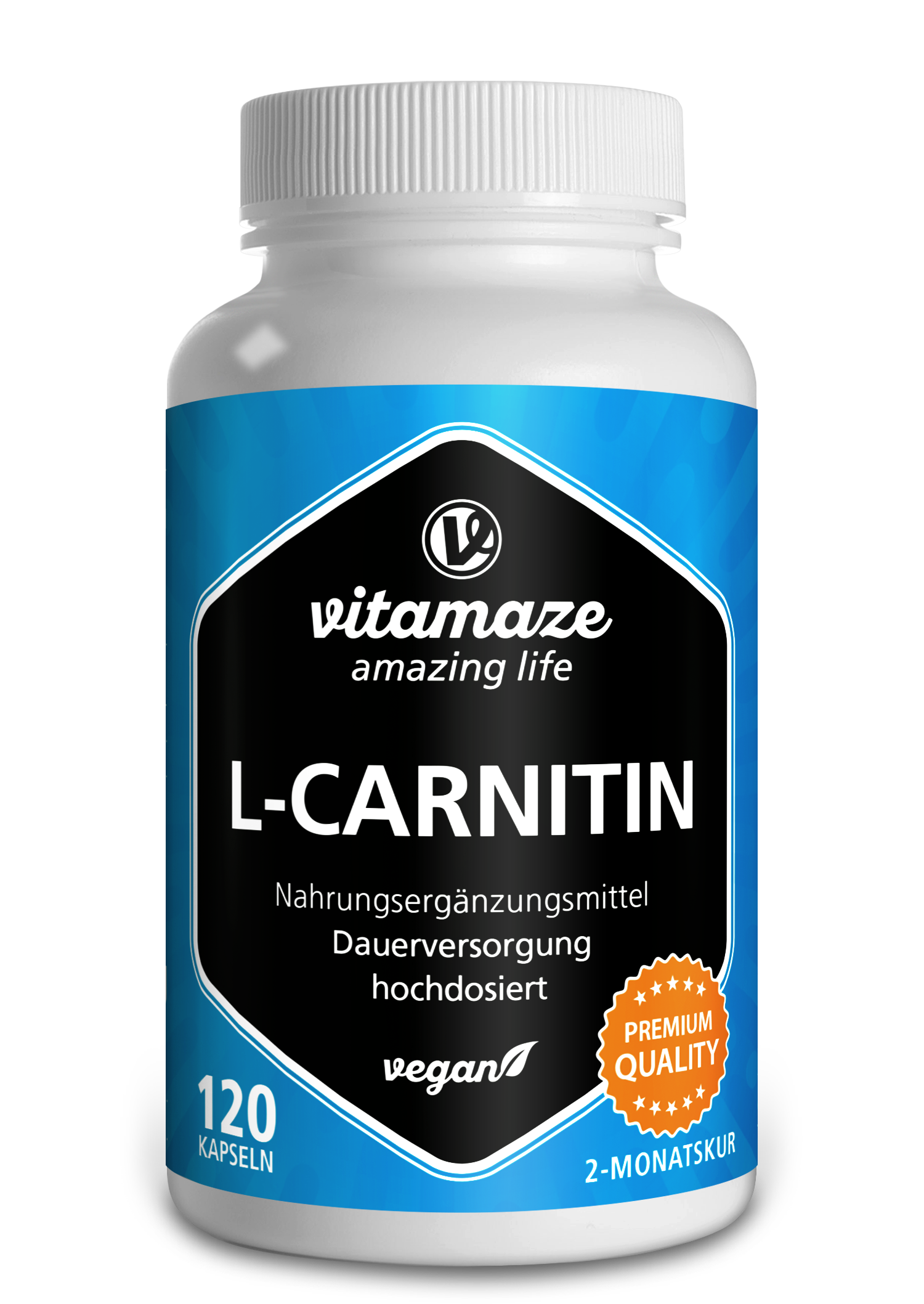 Vitamaze L-Carnitin Nahrungsergänzungsmittel in einer weißen Flasche mit schwarzer Etikettierung und blauer Umrandung, 120 Kapseln, vegan, für eine zweimonatige Versorgung.