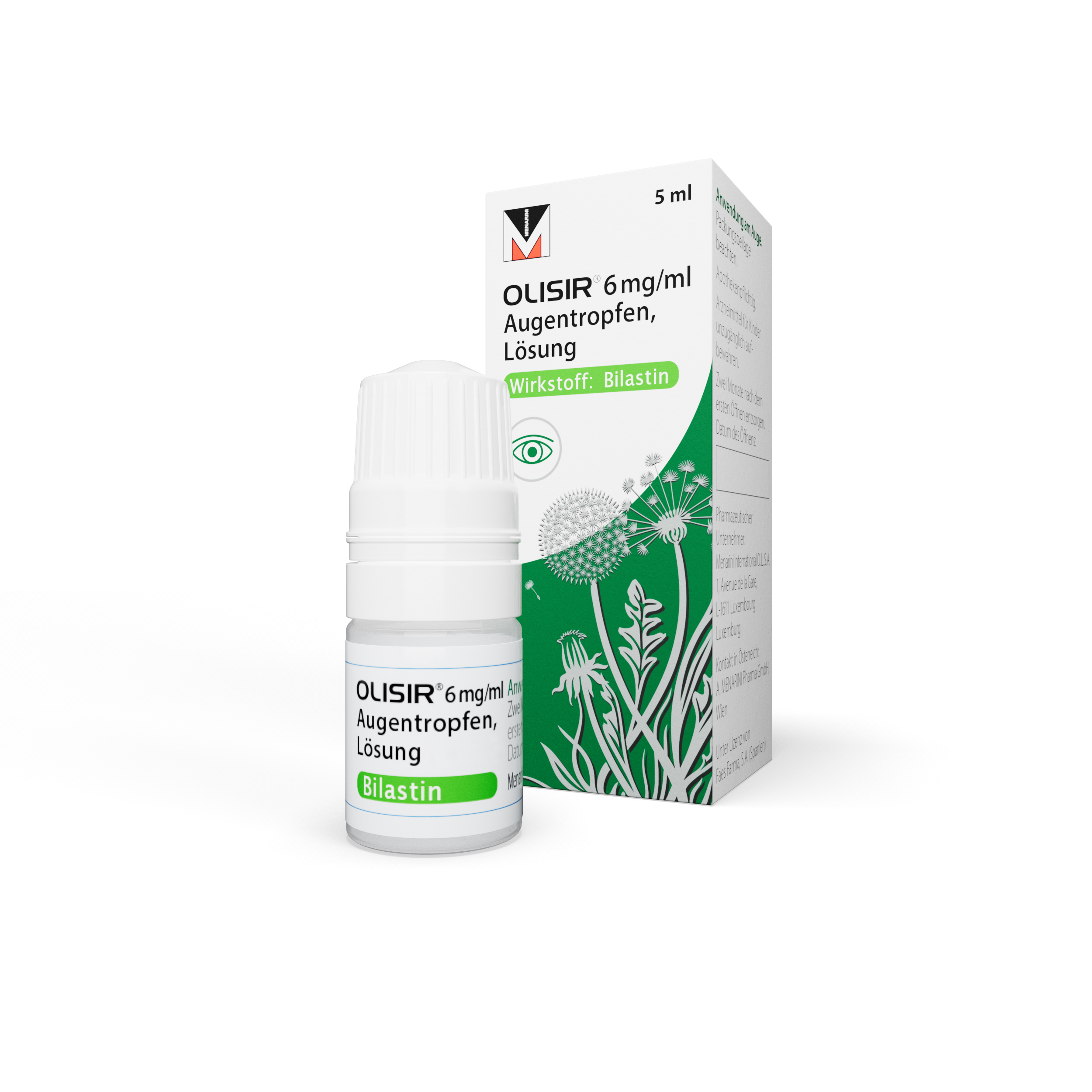 Augentropfenflasche mit Verpackung, beschriftet mit "OLISIR 6 mg/ml", Wirkstoff: Bilastin, Inhalt: 5 ml.