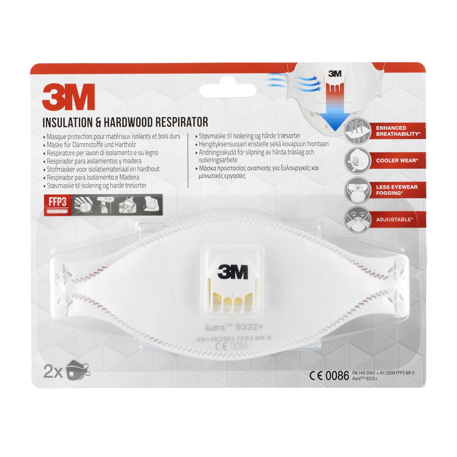 3M™ Aura™ Maske für Dämmstoffe und Hartholz 9332+, FFP3, mit Ventil, 2 pro Packung