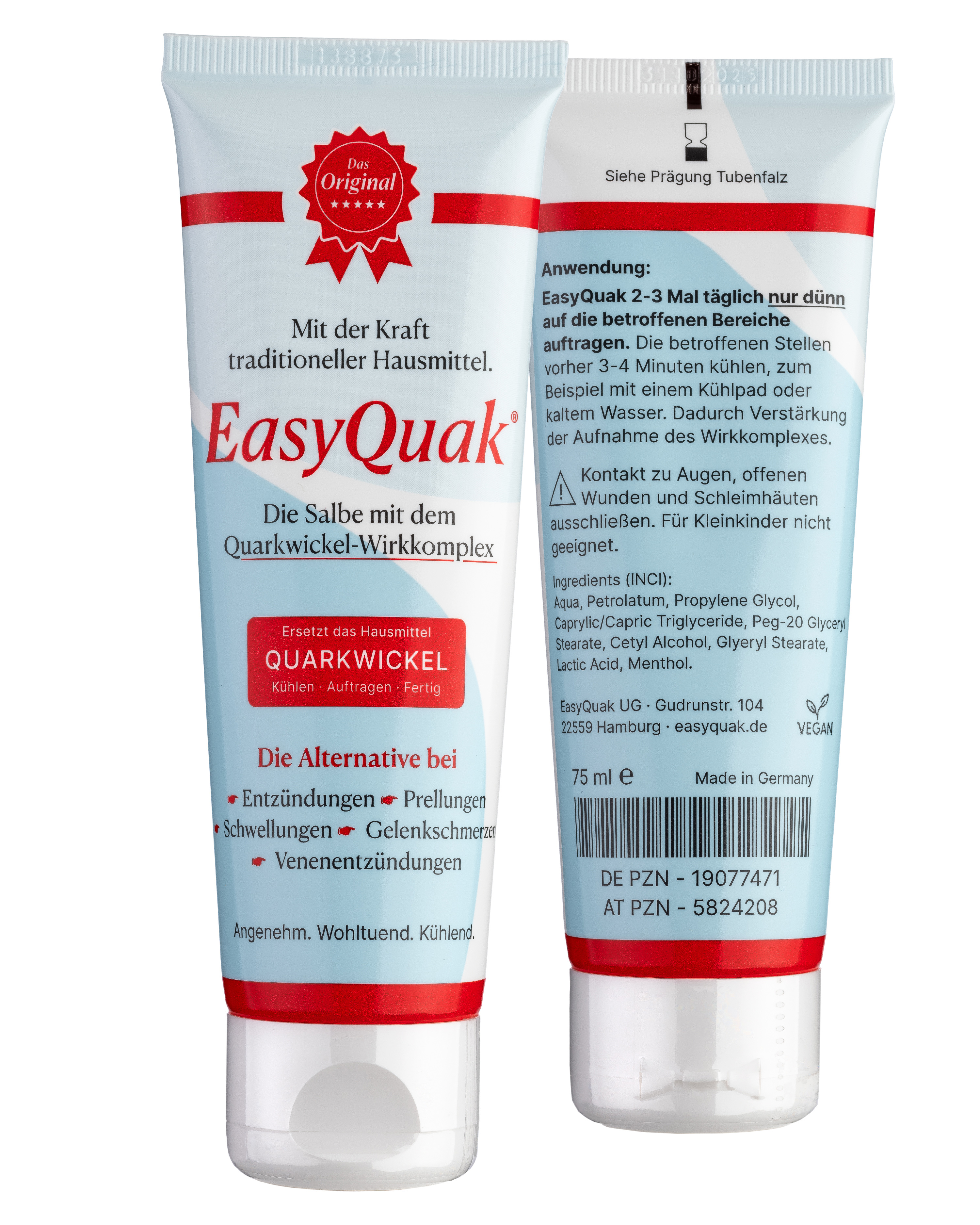 Tube mit der Salbe "EasyQuak", die Quarkwickel-Wirkkomplex enthält, zur Linderung von Entzündungen und Prellungen, Anwendungsanweisungen auf der Rückseite.