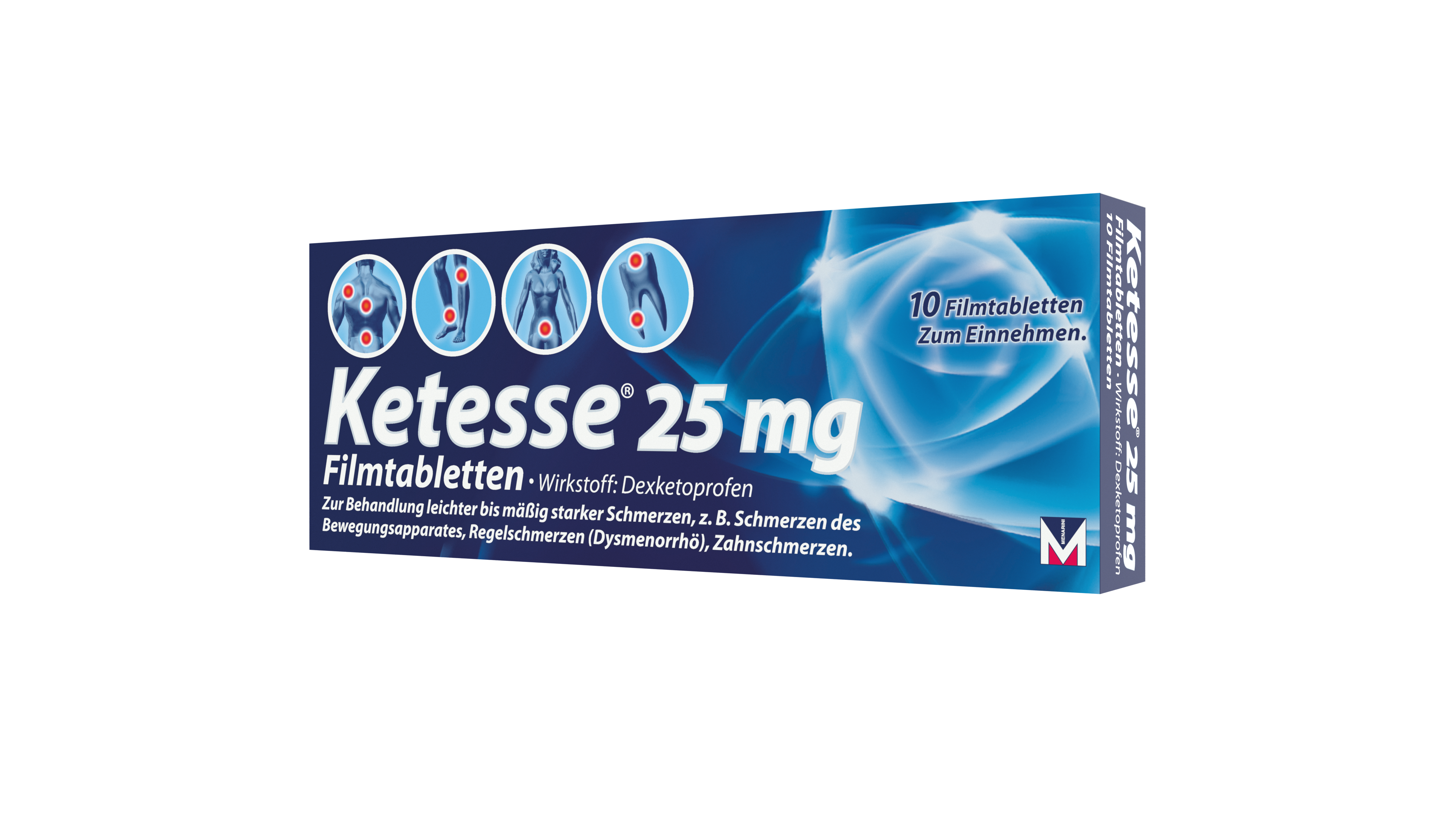Verpackung von Ketesse 25 mg Filmtabletten zur Schmerzbehandlung, mit Hinweis auf den Wirkstoff Dexketoprofen.