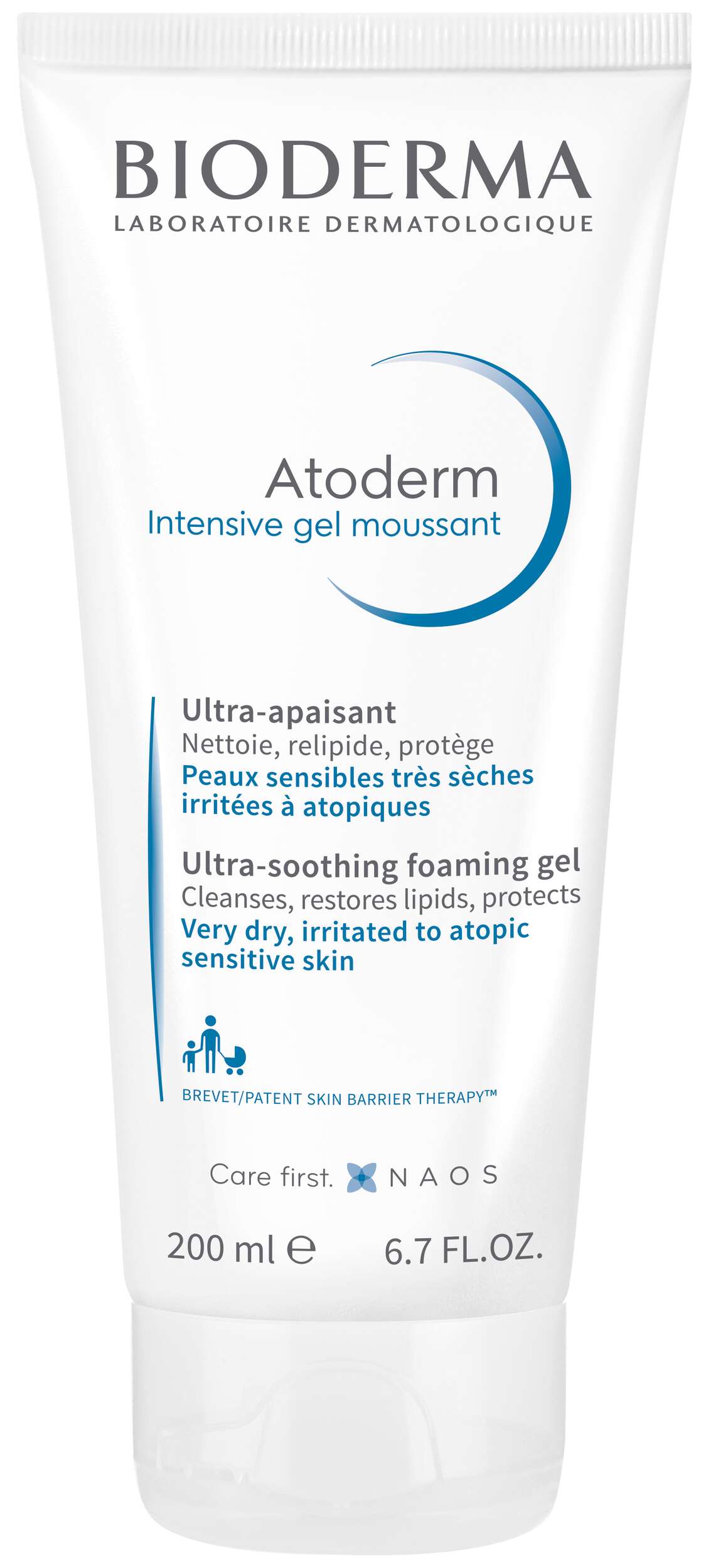 Tube mit Bioderma Atoderm intensivem Schäumenden Gel, 200 ml, für sehr trockene und empfindliche Haut.