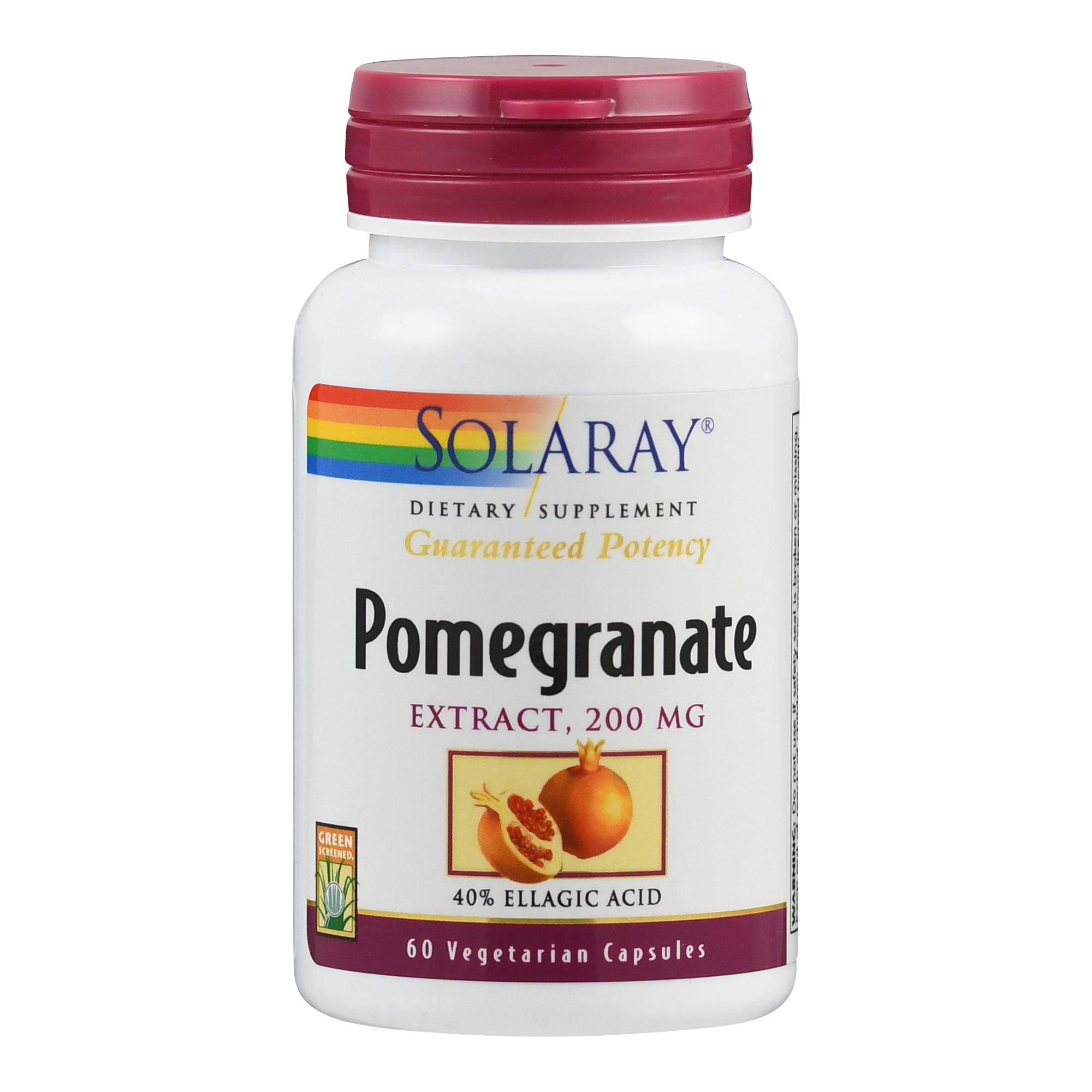 Weißes Fläschchen mit rotem Deckel, das Pomegranate-Extrakt in vegetarischen Kapseln enthält. 60 Kapseln, 200 mg pro Portion.