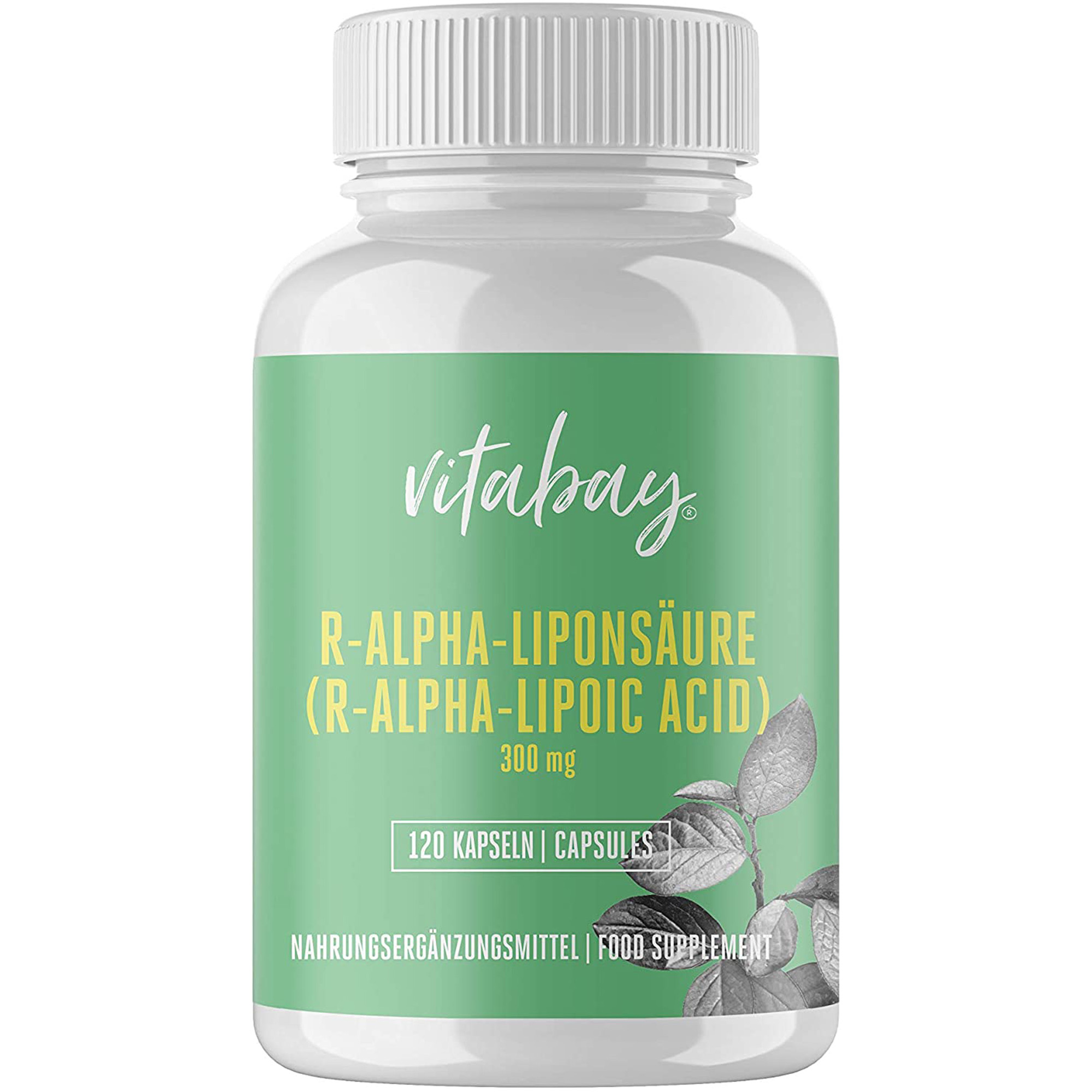 Flasche mit R-Alpha-Liponsäure von Vitabay, 300 mg, 120 Kapseln, Nahrungsergänzungsmittel.