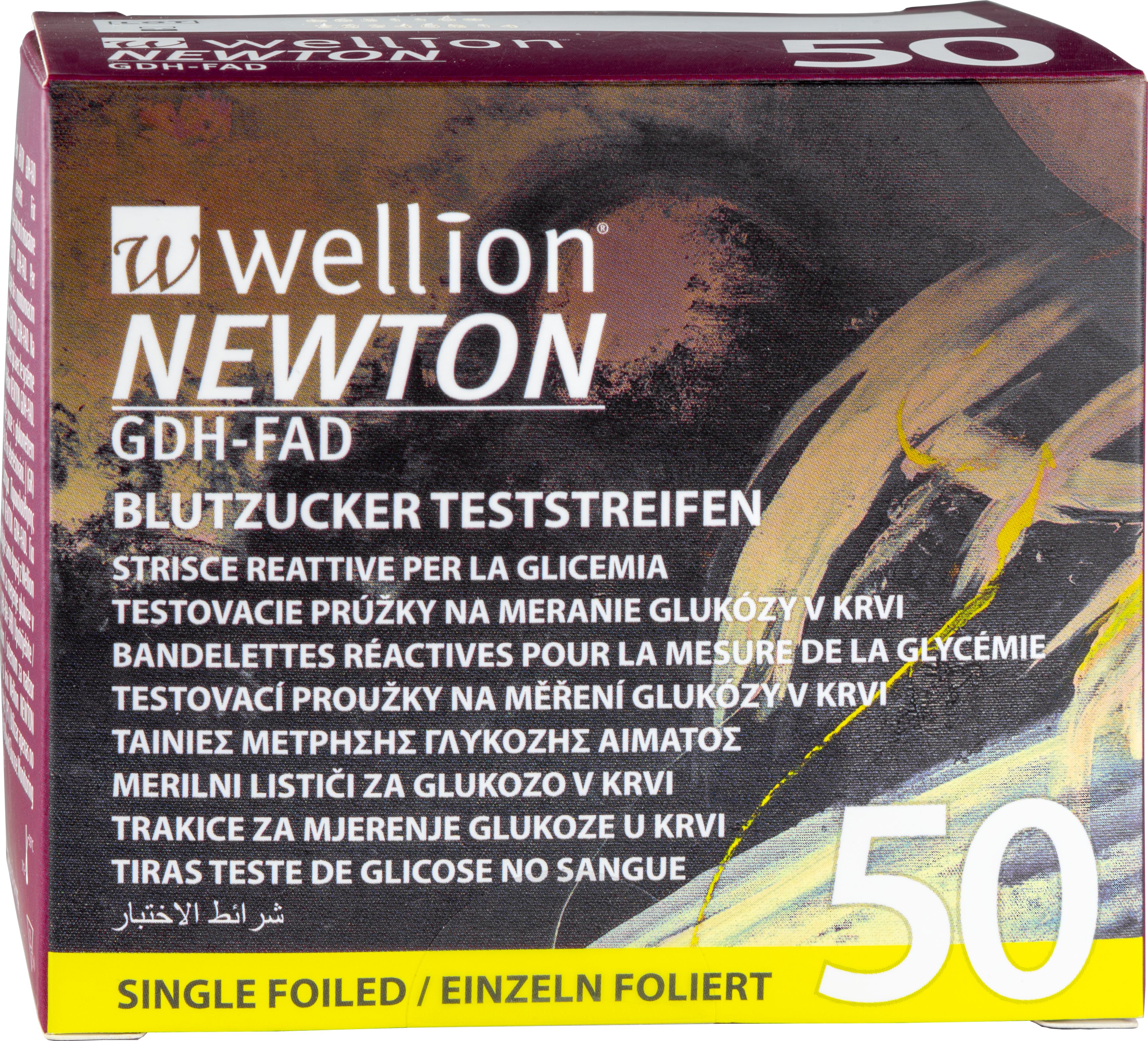 Packung mit 50 Blut zucker teststreifen der Marke Wellion Newton.