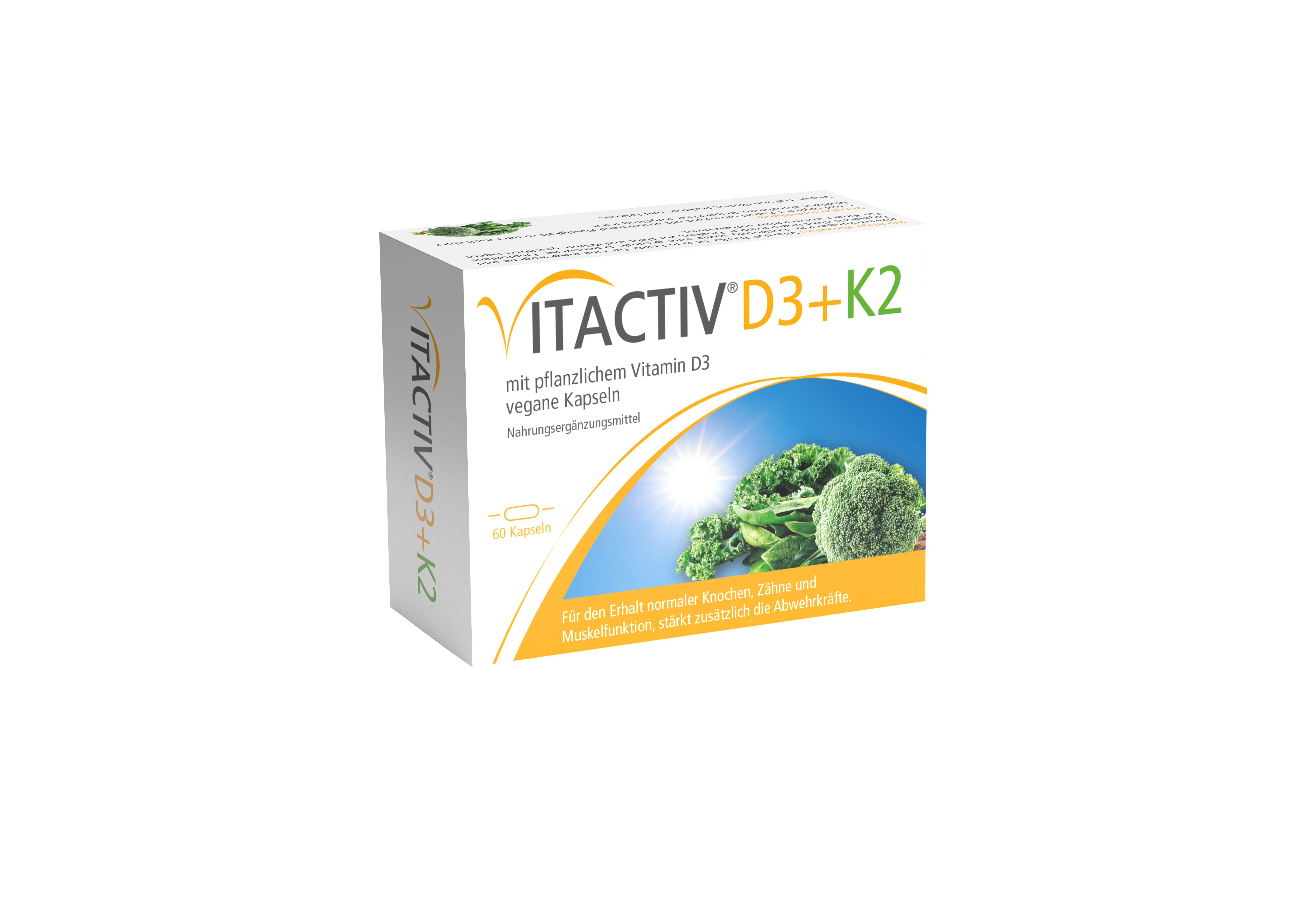 Verpackung von VITACTIV D3+K2 mit pflanzlichem Vitamin D3 in veganen Kapseln.
