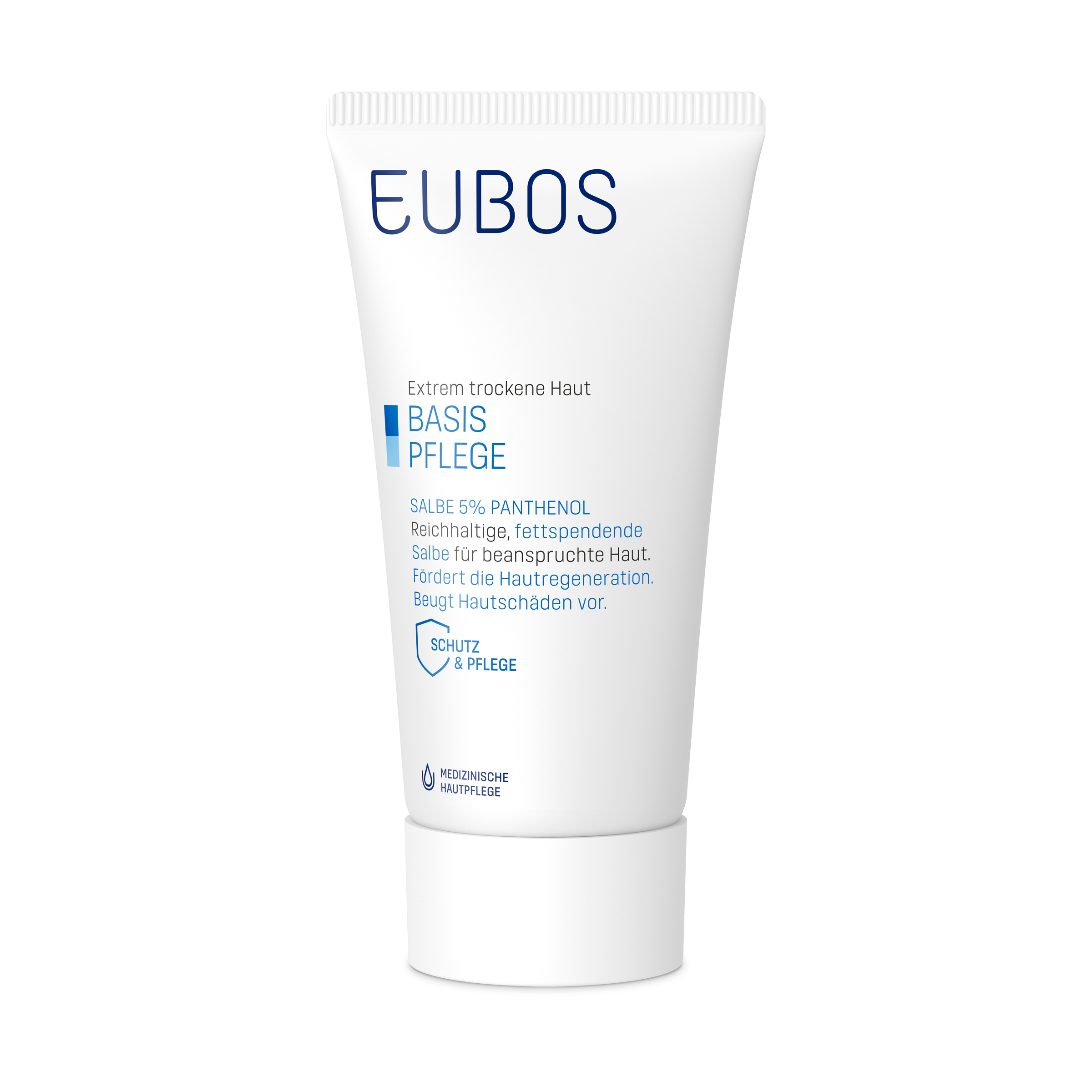 Tubenverpackung der EUBOS Basis Pflege für extrem trockene Haut mit Angaben zu Inhaltsstoffen und Anwendung.