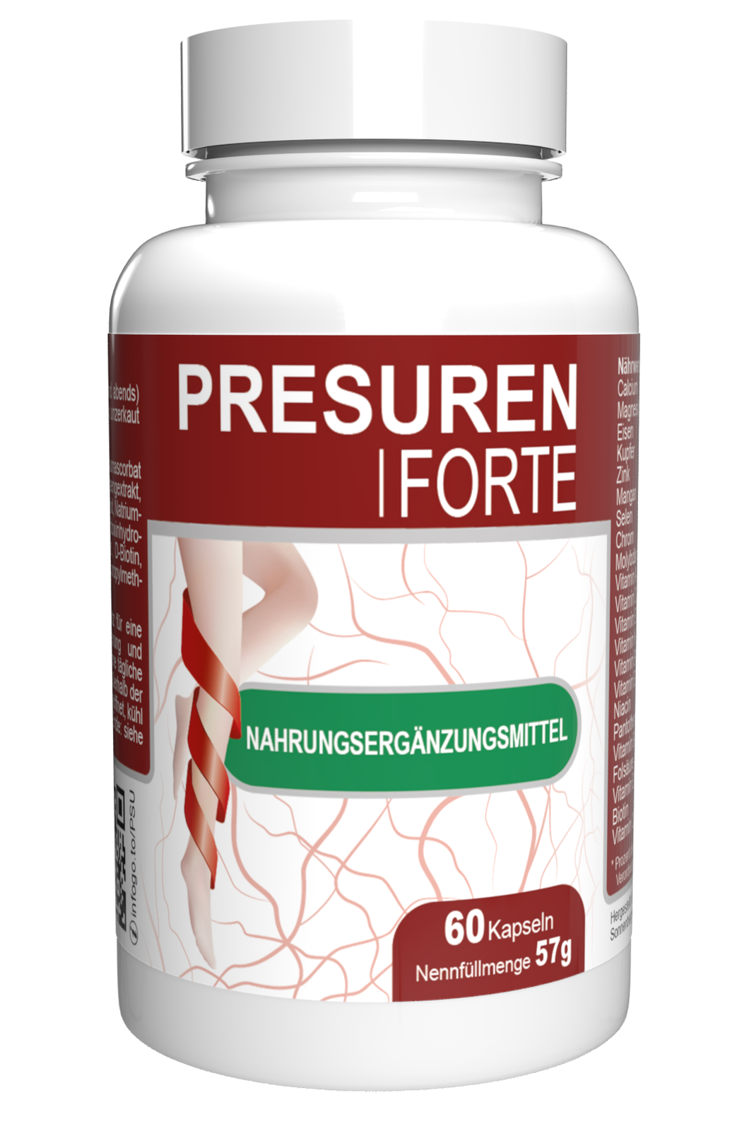 Flasche mit Nahrungsergänzungsmittel "Presuren I Forte", 60 Kapseln, Nettogewicht 57g.