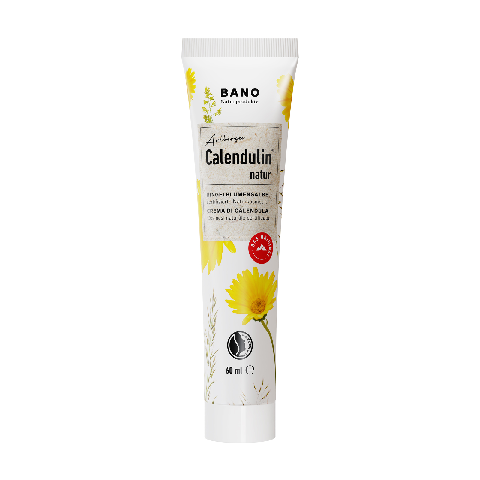 Tube mit Calendulinsalbe von BANO, 60 ml, mit gelben Blüten und Naturmotiven auf der Verpackung.