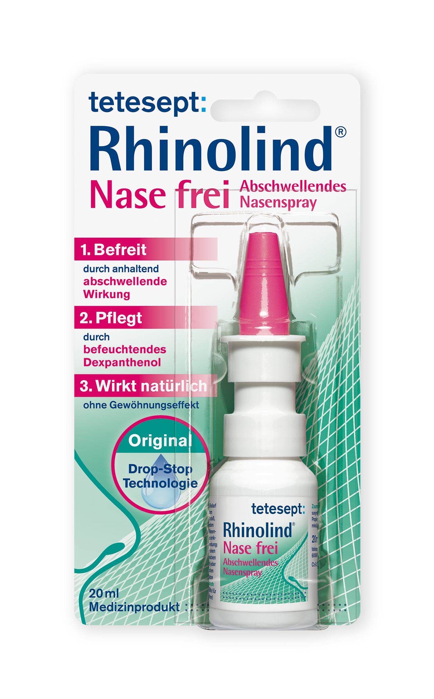 Produktverpackung von tetesept Rhinolid Nase frei, einem abschwellenden Nasenspray in einer 20 ml Flasche.