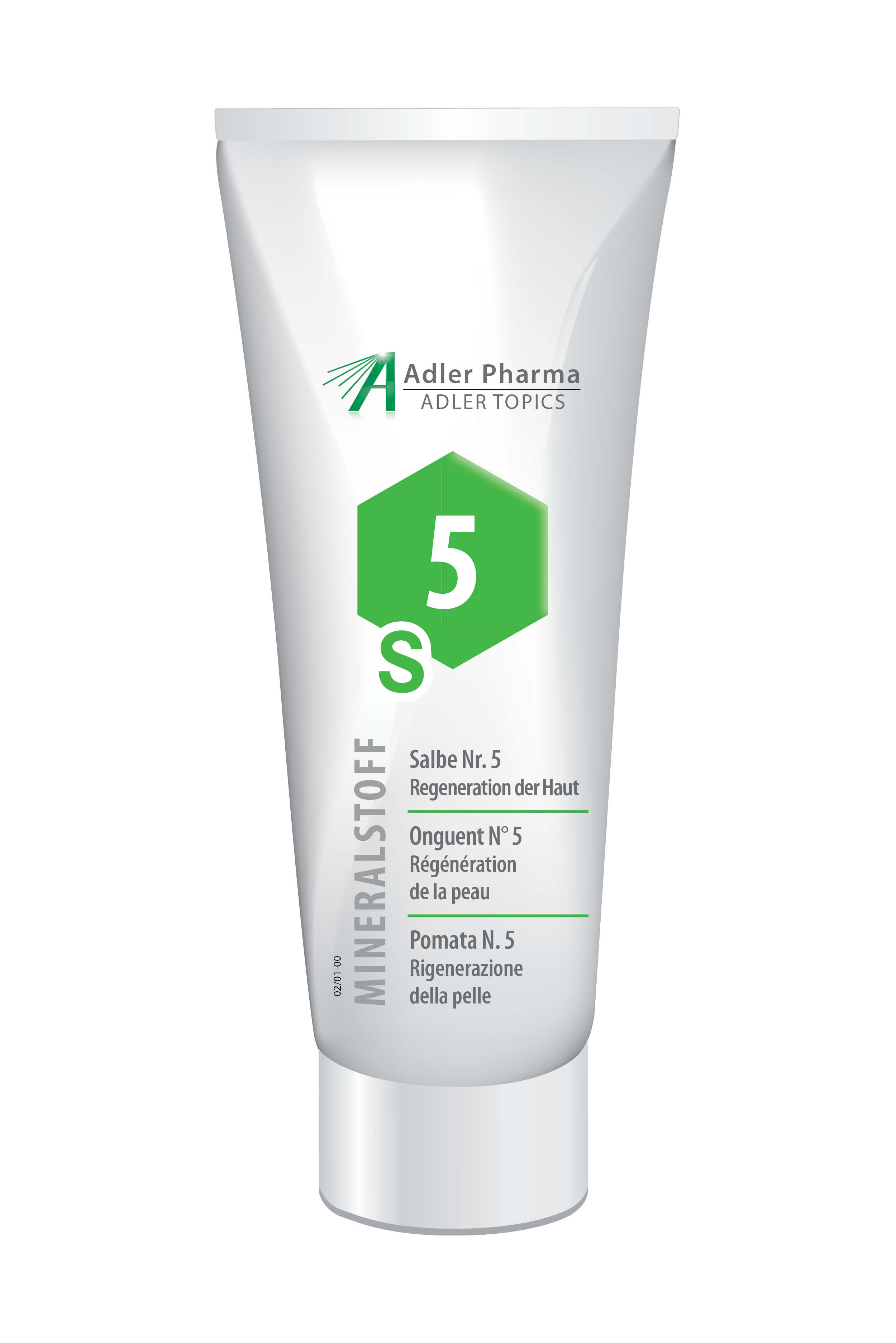 Tube mit Salbe Nr. 5 von Adler Pharma zur Hautregeneration, beschriftet mit „Mineralstoff“ und mehrsprachigen Hinweisen.