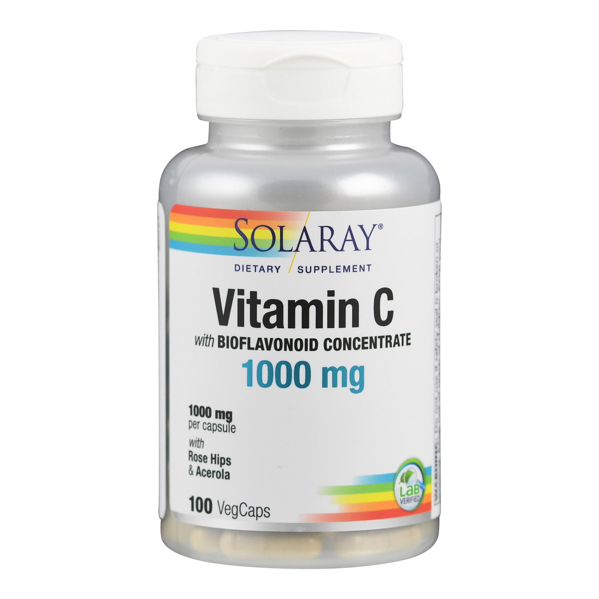 Ein Transparenter Behälter mit Vitamin C Kapseln, beschriftet mit "Solaray Vitamin C 1000 mg" und Hinweisen zu Inhaltsstoffen.