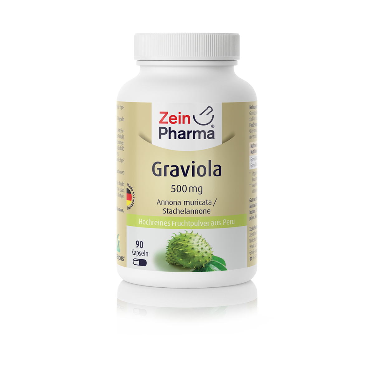 Weißes Supplementbehältnis mit grünem Etikett, beschriftet mit "Graviola 500 mg", Hersteller "Zein Pharma".
